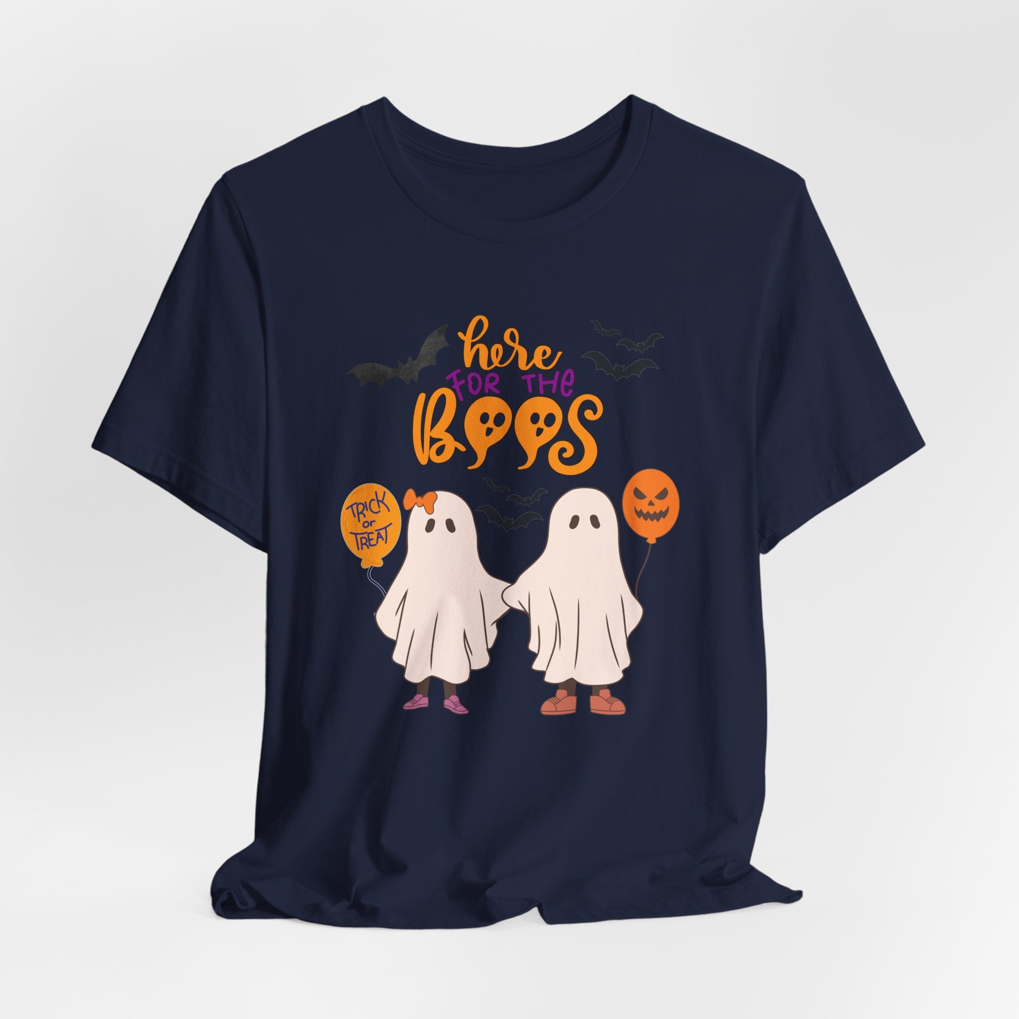 Navy blue t-shirt with Halloween-themed design featuring ghosts and text on a white background