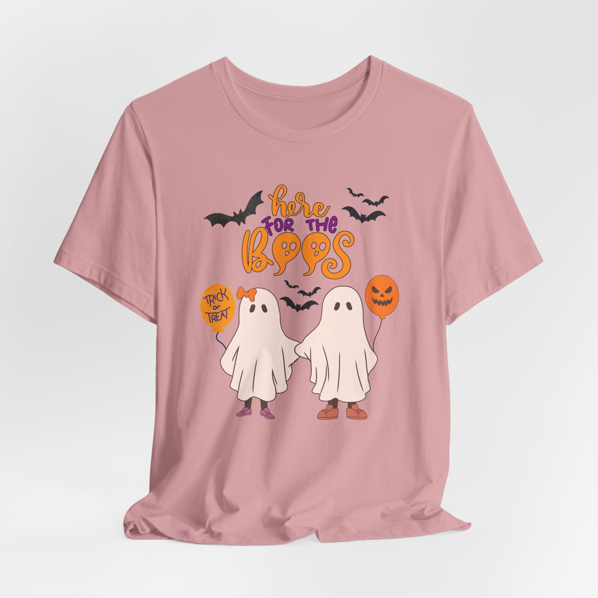Orchid pink t-shirt with Halloween-themed graphics and text on a white background