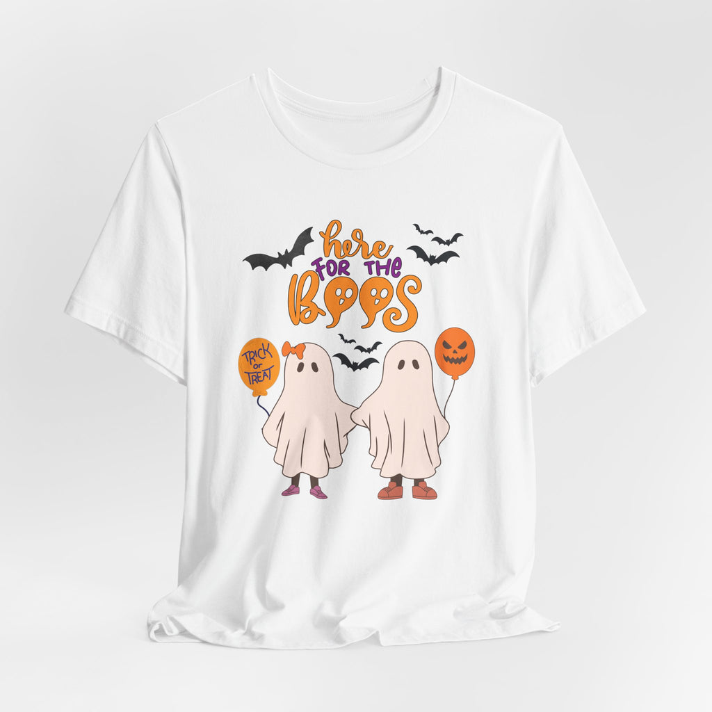 White t-shirt with Halloween-themed design featuring ghosts and text on a white background
