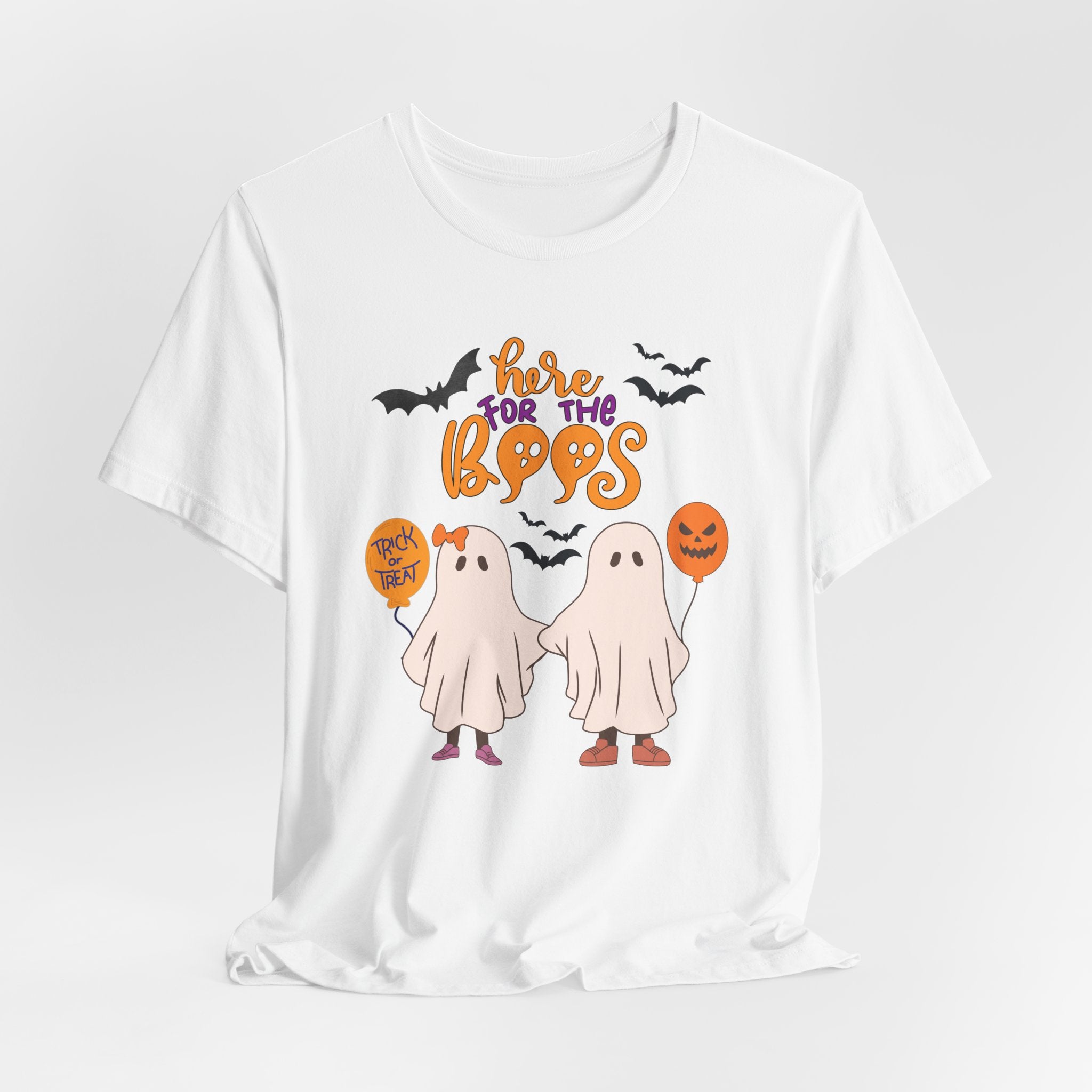 White t-shirt with Halloween-themed design featuring ghosts and text on a white background