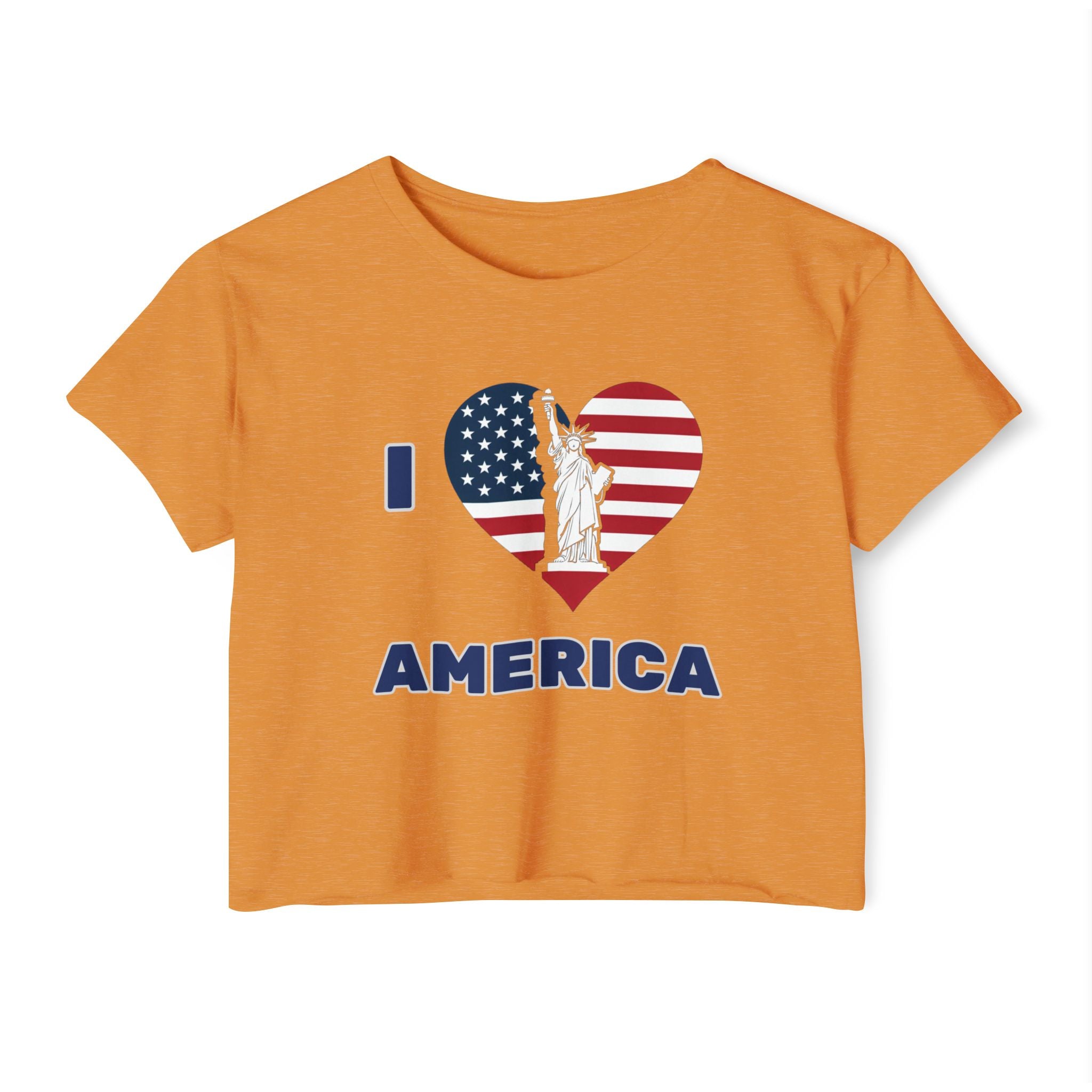 Antique gold orange t-shirt with 'I love America' design featuring the Statue of Liberty on a white background