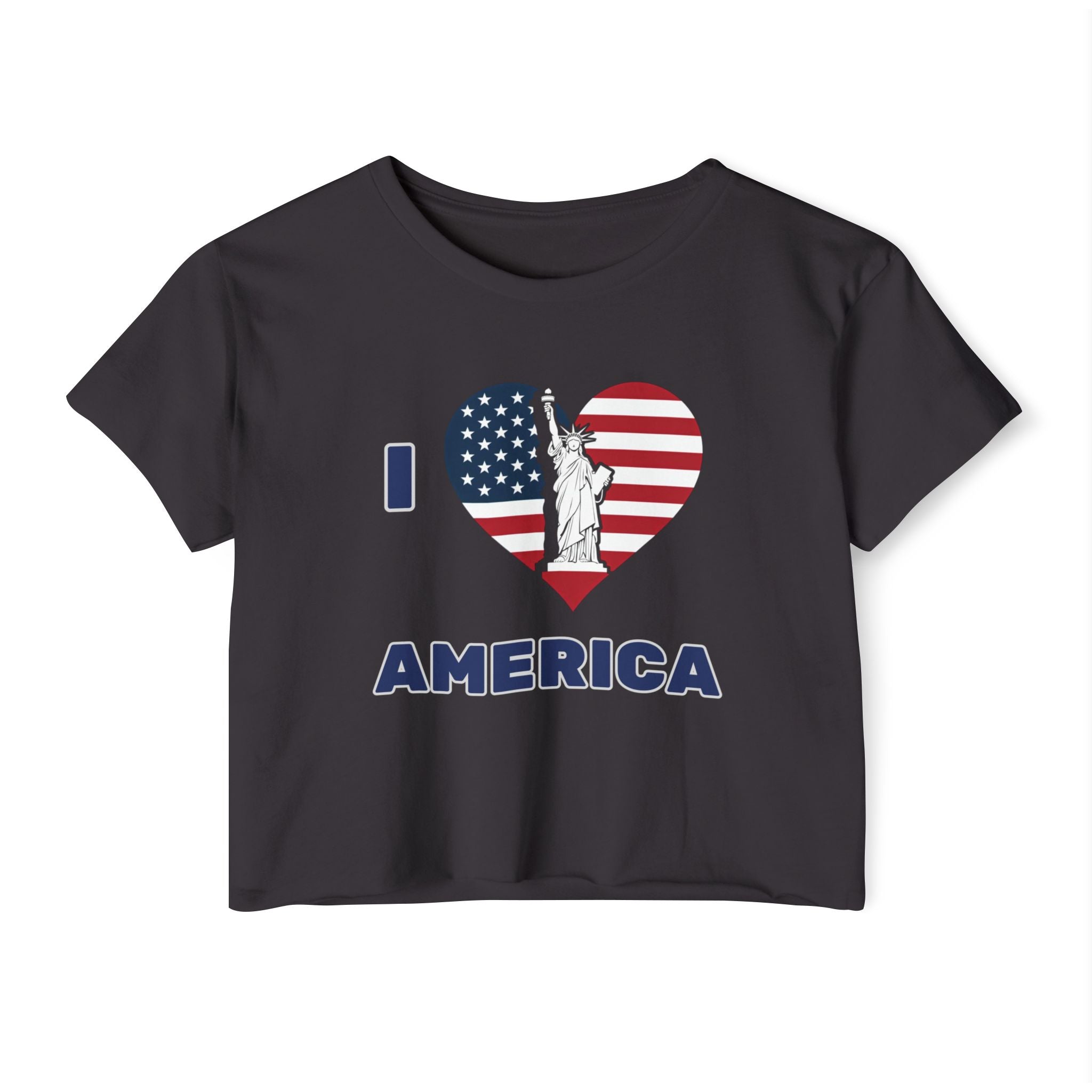 Black t-shirt with 'I ❤️ AMERICA' design featuring the Statue of Liberty and American flag on a white background.