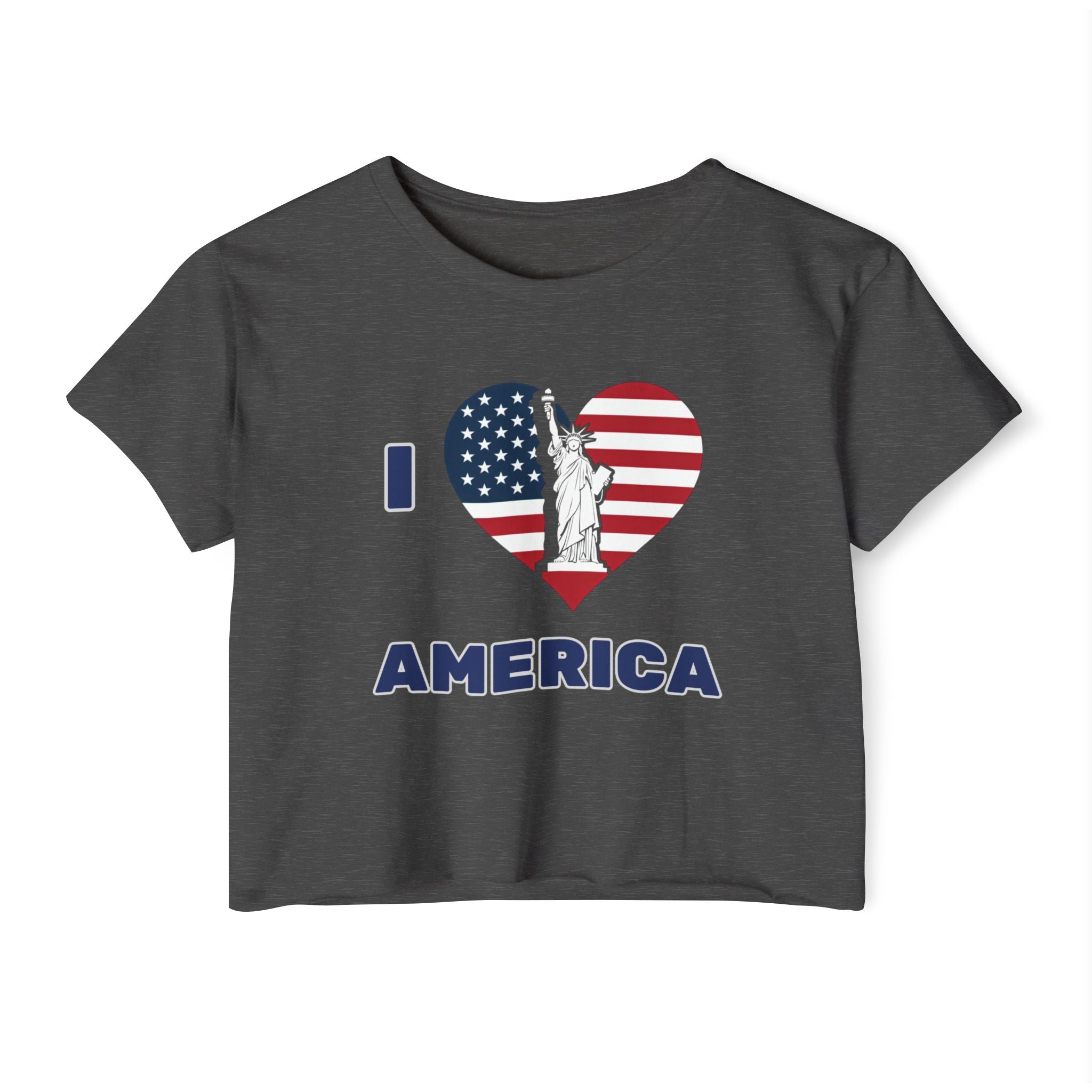 Charcoal gray t-shirt with 'I Love America' design featuring the Statue of Liberty and American flag on a white background