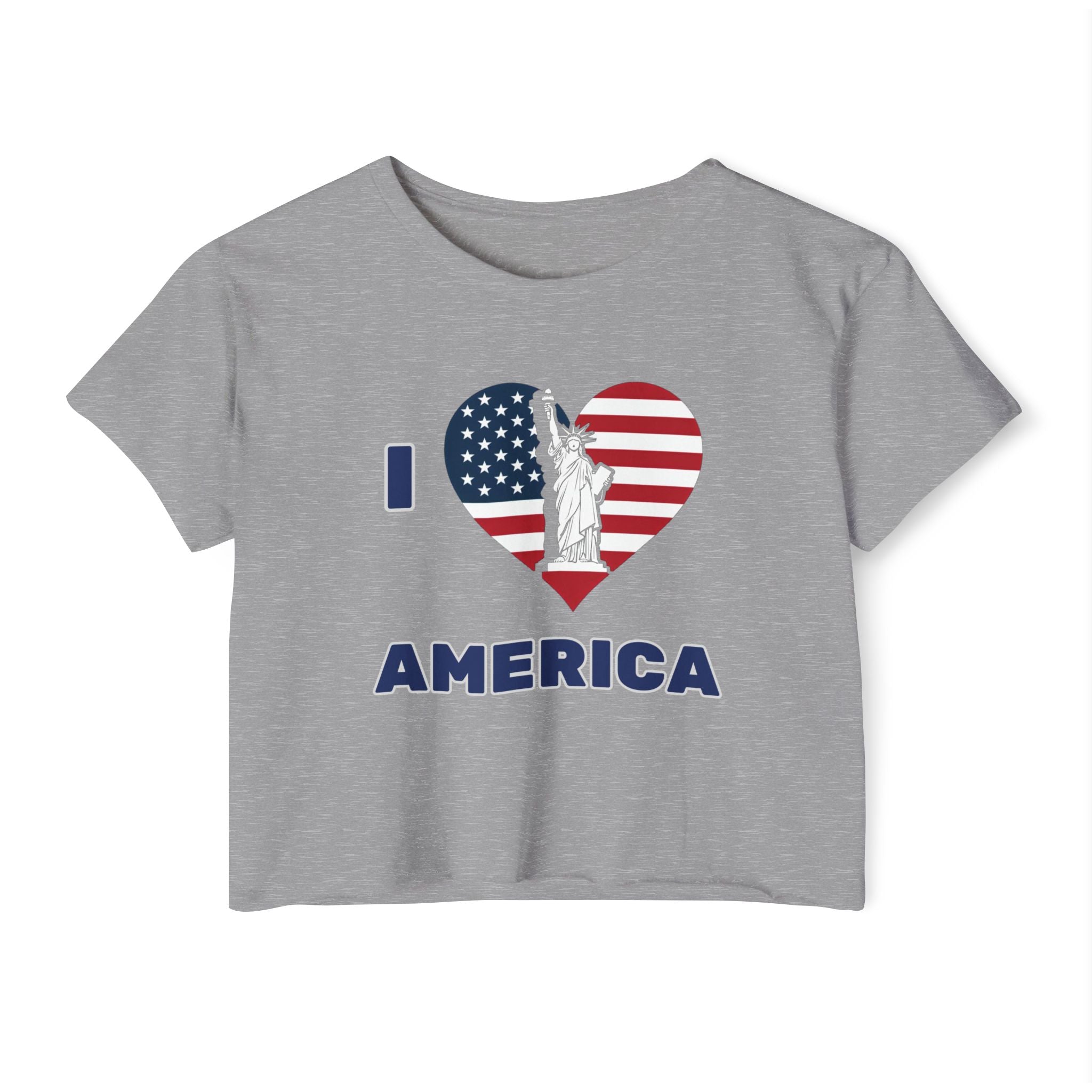 Gray t-shirt with American flag and Statue of Liberty design on a white background