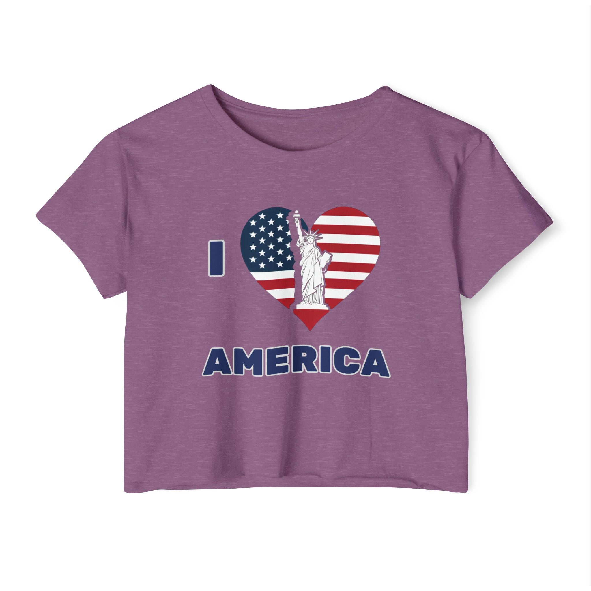 Shiraz purple t-shirt with 'I ❤️ AMERICA' design featuring the Statue of Liberty and American flag on a white background.