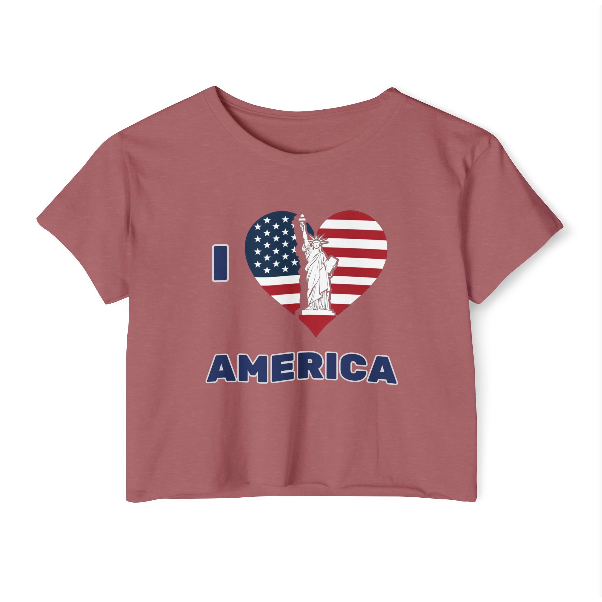 Smoked paprika t-shirt with 'I ❤️ AMERICA' design featuring the Statue of Liberty and American flag on a white background.