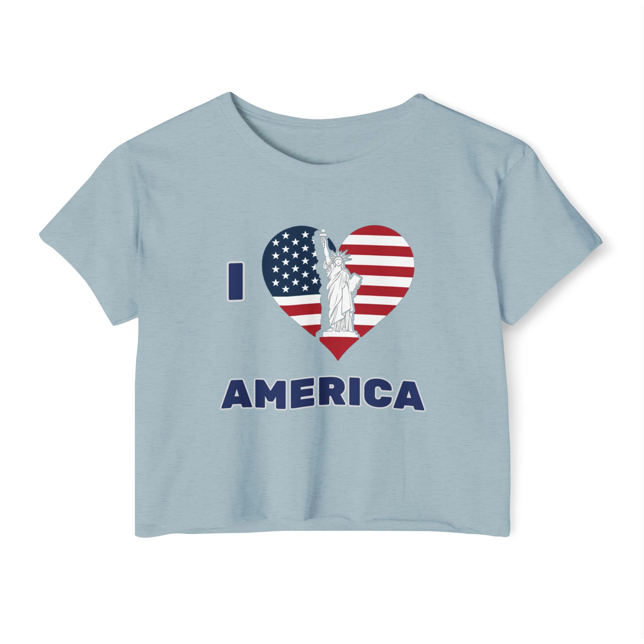 Stonewash denim light blue t-shirt with 'I love America' design featuring the Statue of Liberty and American flag.
