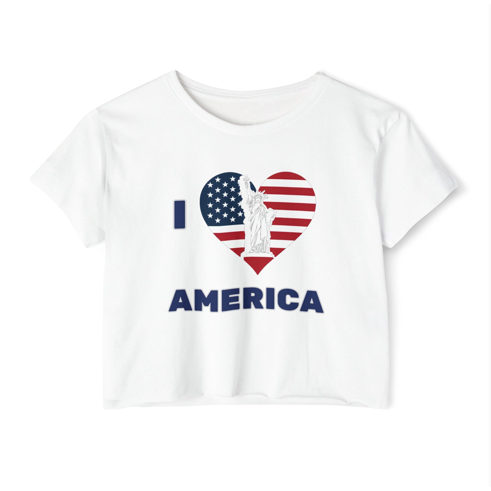 White t-shirt with 'I love America' design featuring the Statue of Liberty.