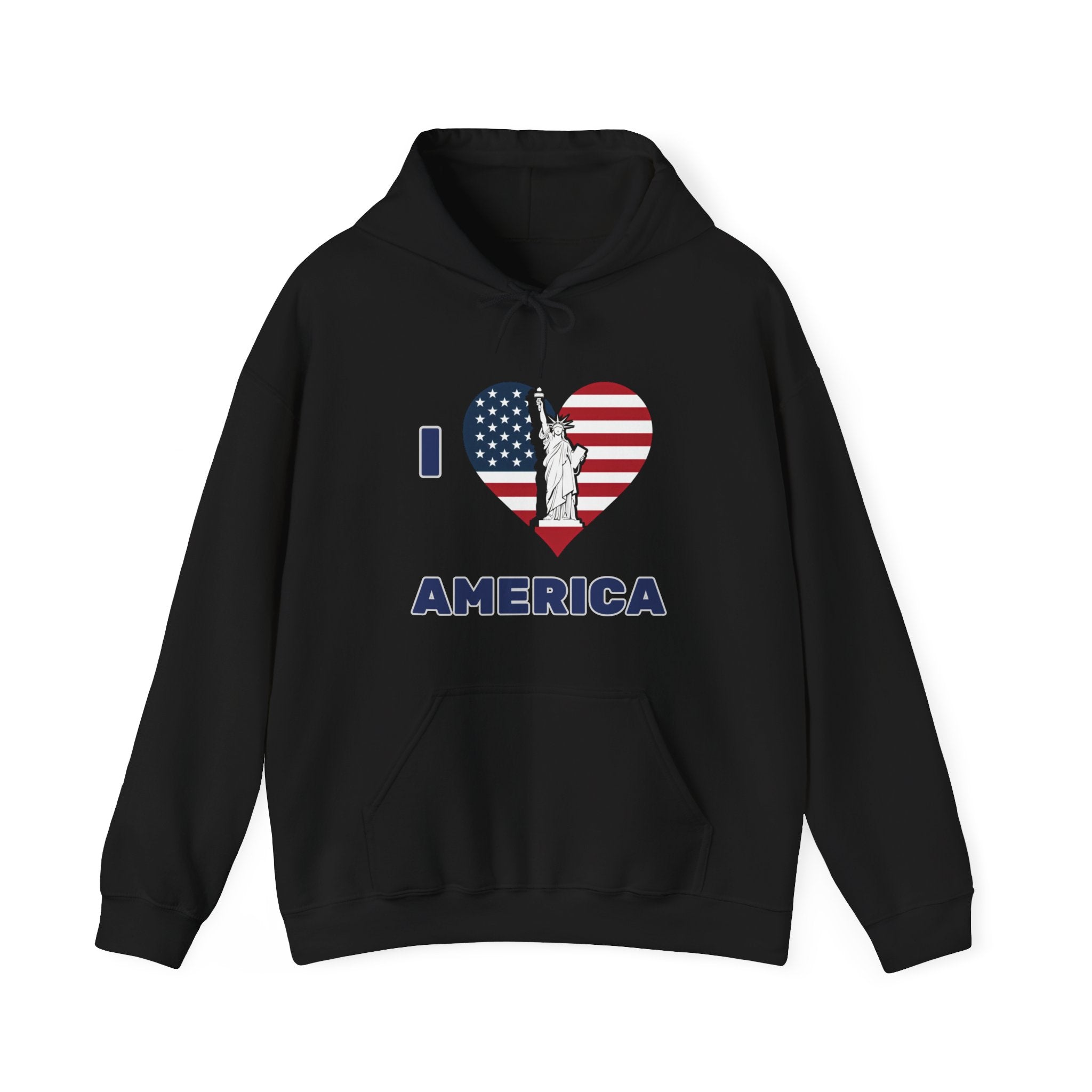 Black hoodie with 'I ❤️ AMERICA' design featuring the Statue of Liberty and American flag on a white background