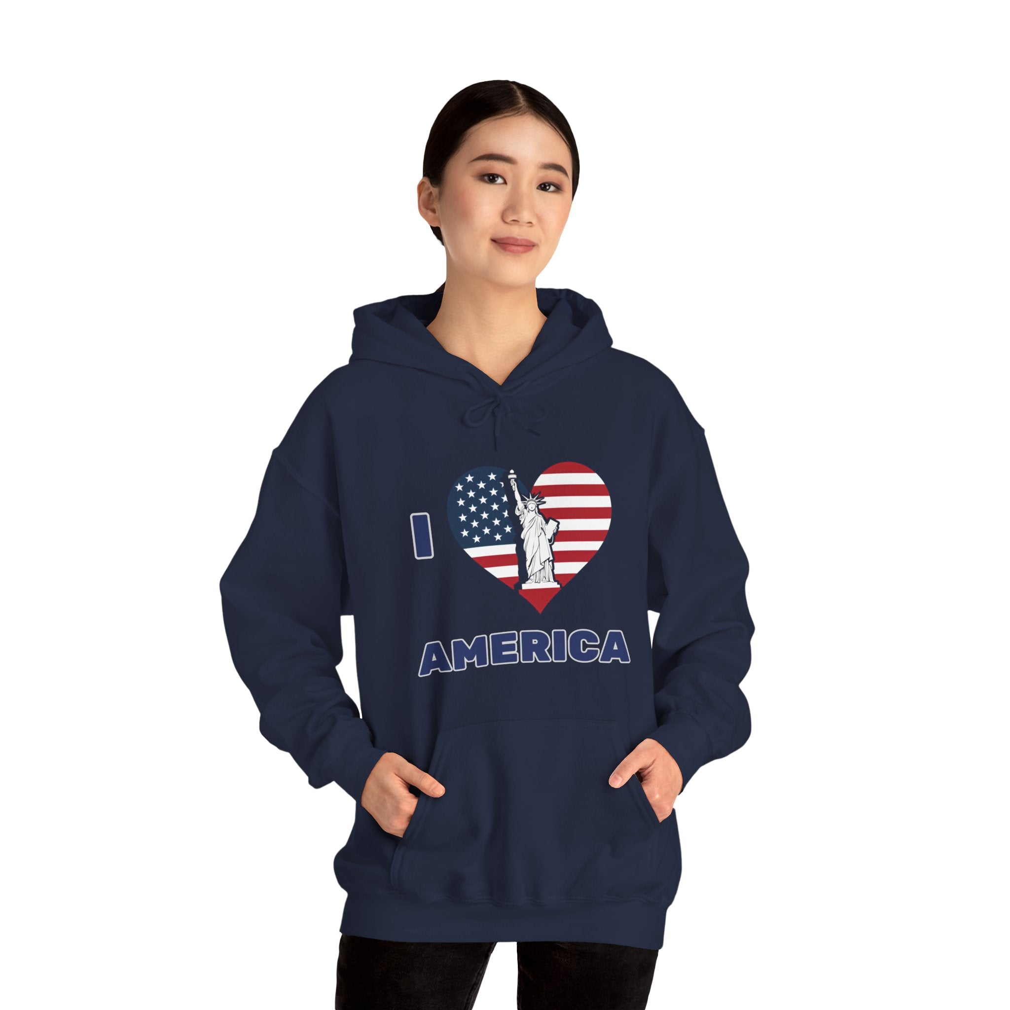 Person wearing a navy blue hoodie with 'I Love America' design on a white background