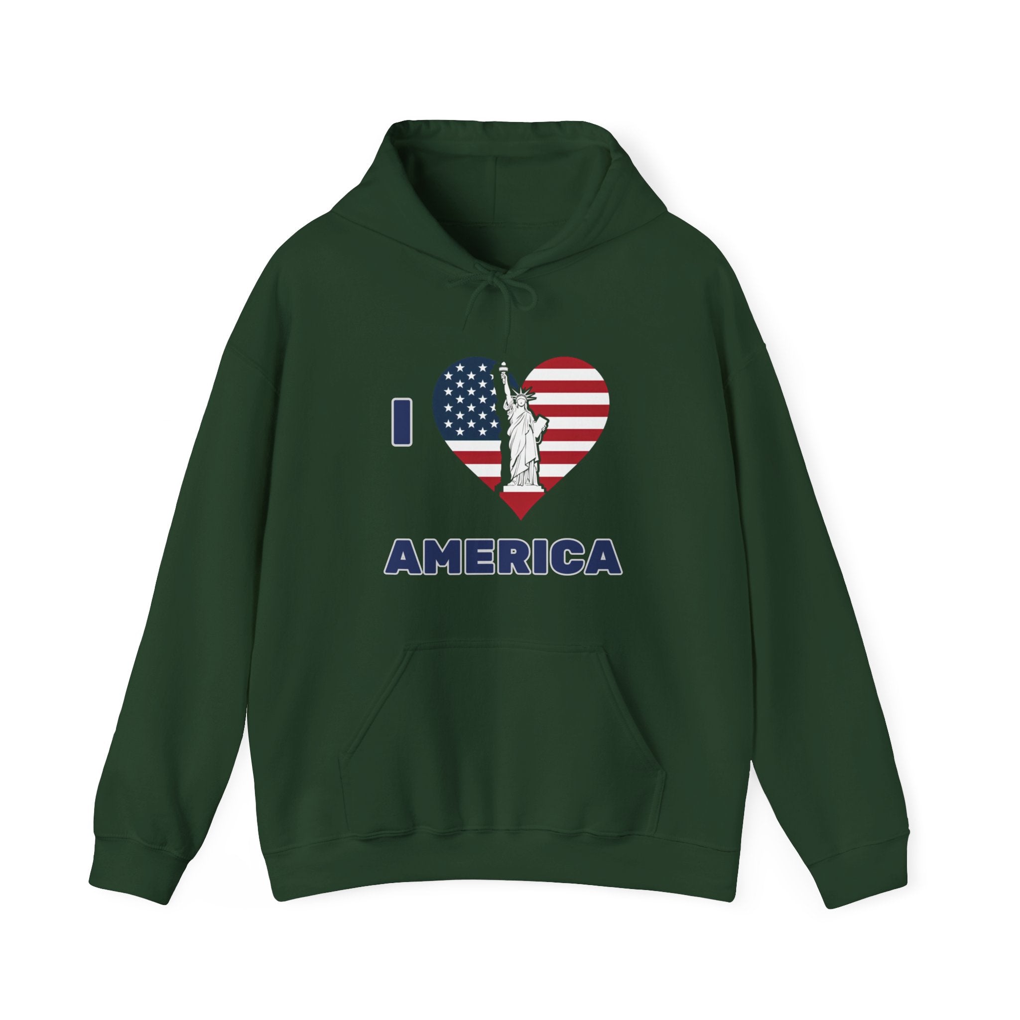 Forest green hoodie with 'I love America' design featuring the Statue of Liberty and American flag on a white background