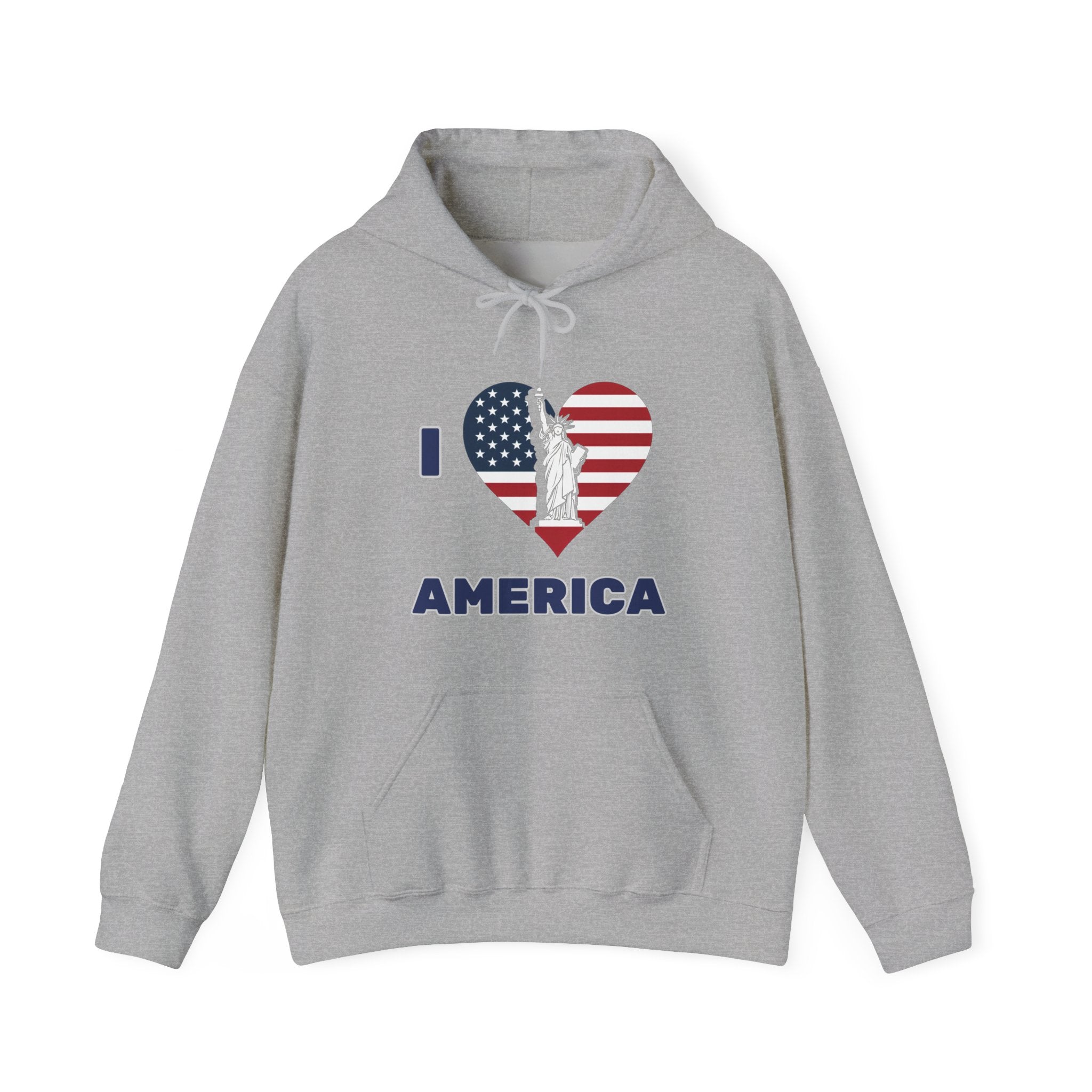 Gray hoodie with 'I ❤️ AMERICA' design on a white background