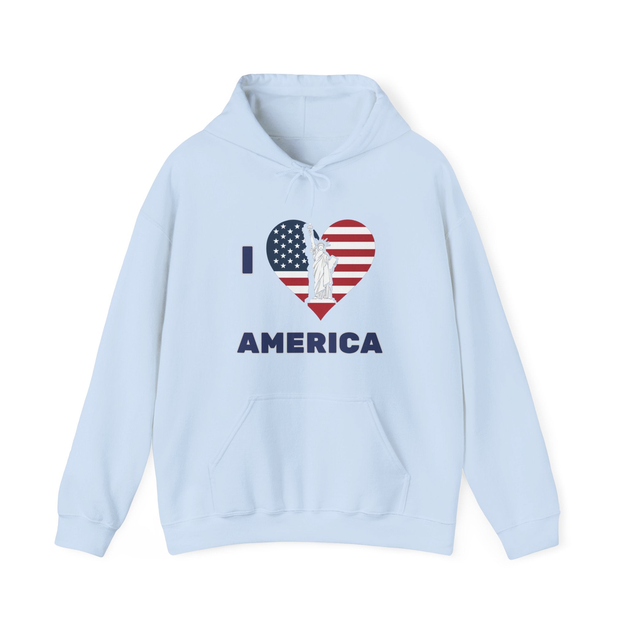 Light blue hoodie with 'I ❤️ AMERICA' design on a white background