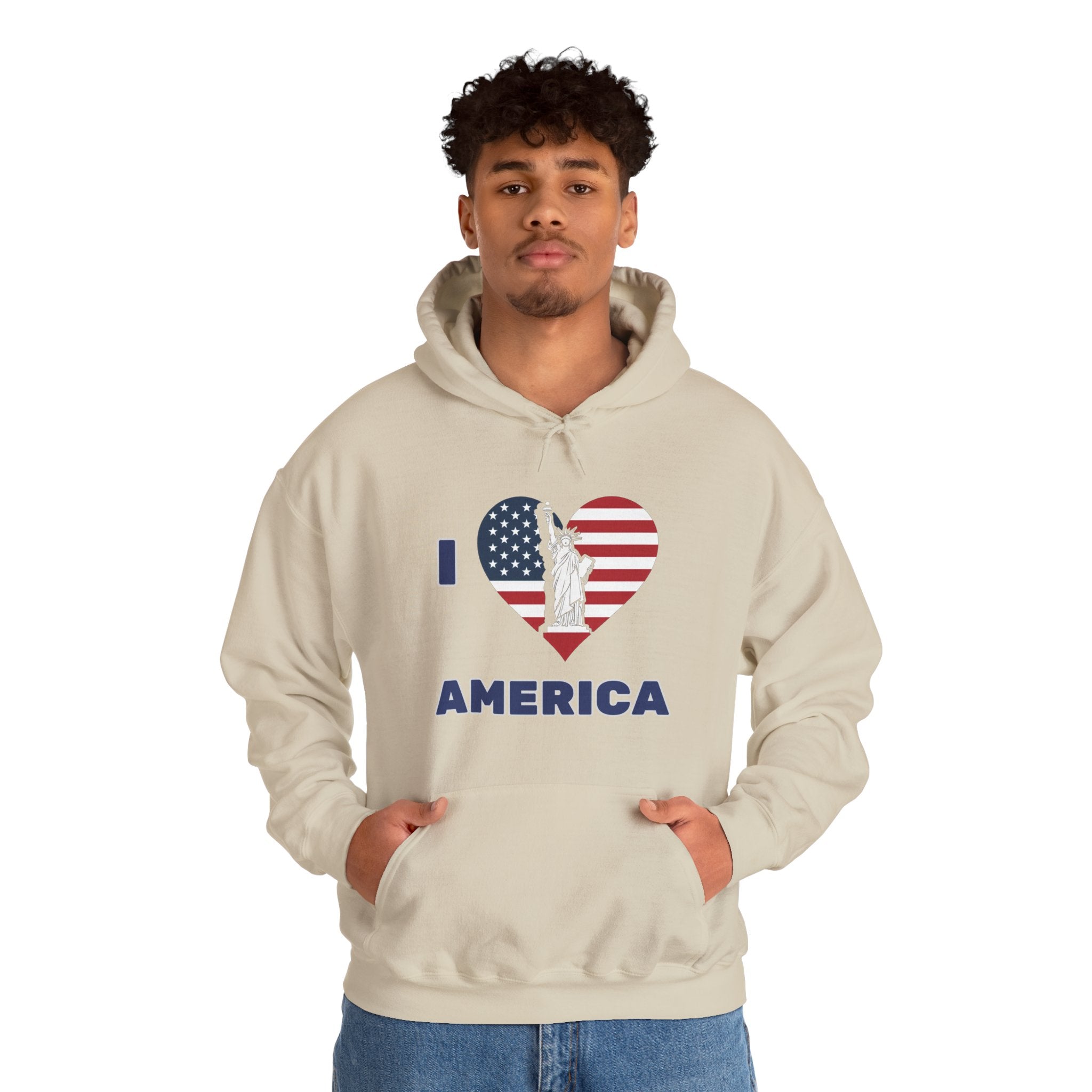 Person wearing a beige hoodie with 'I Love America' design on a white background