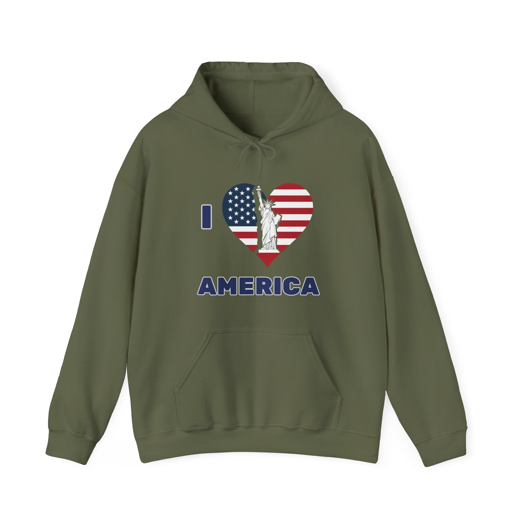 Military green hoodie with 'I Love America' design featuring the Statue of Liberty on a white background