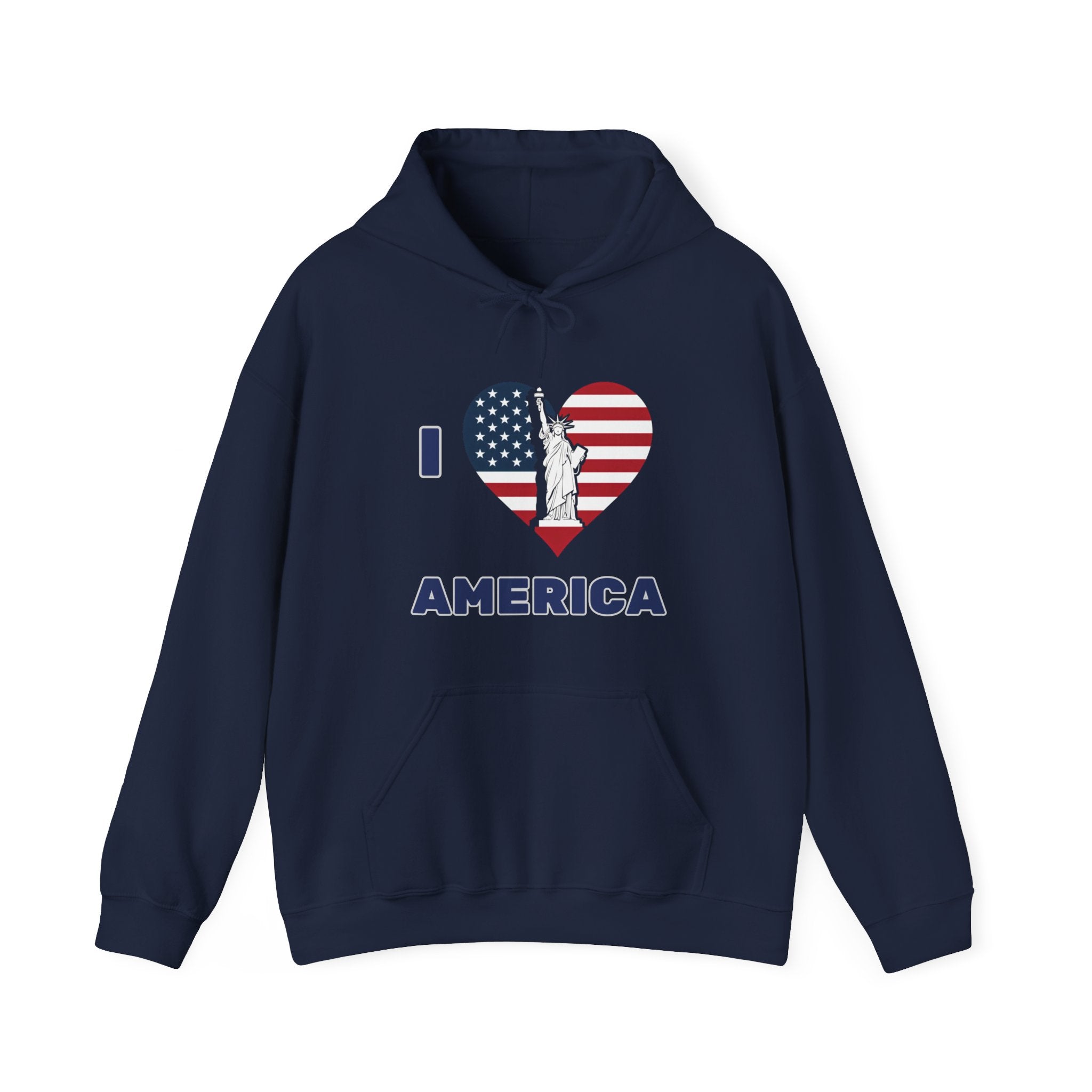Navy blue hoodie with 'I love America' design featuring the Statue of Liberty and American flag on a white background.