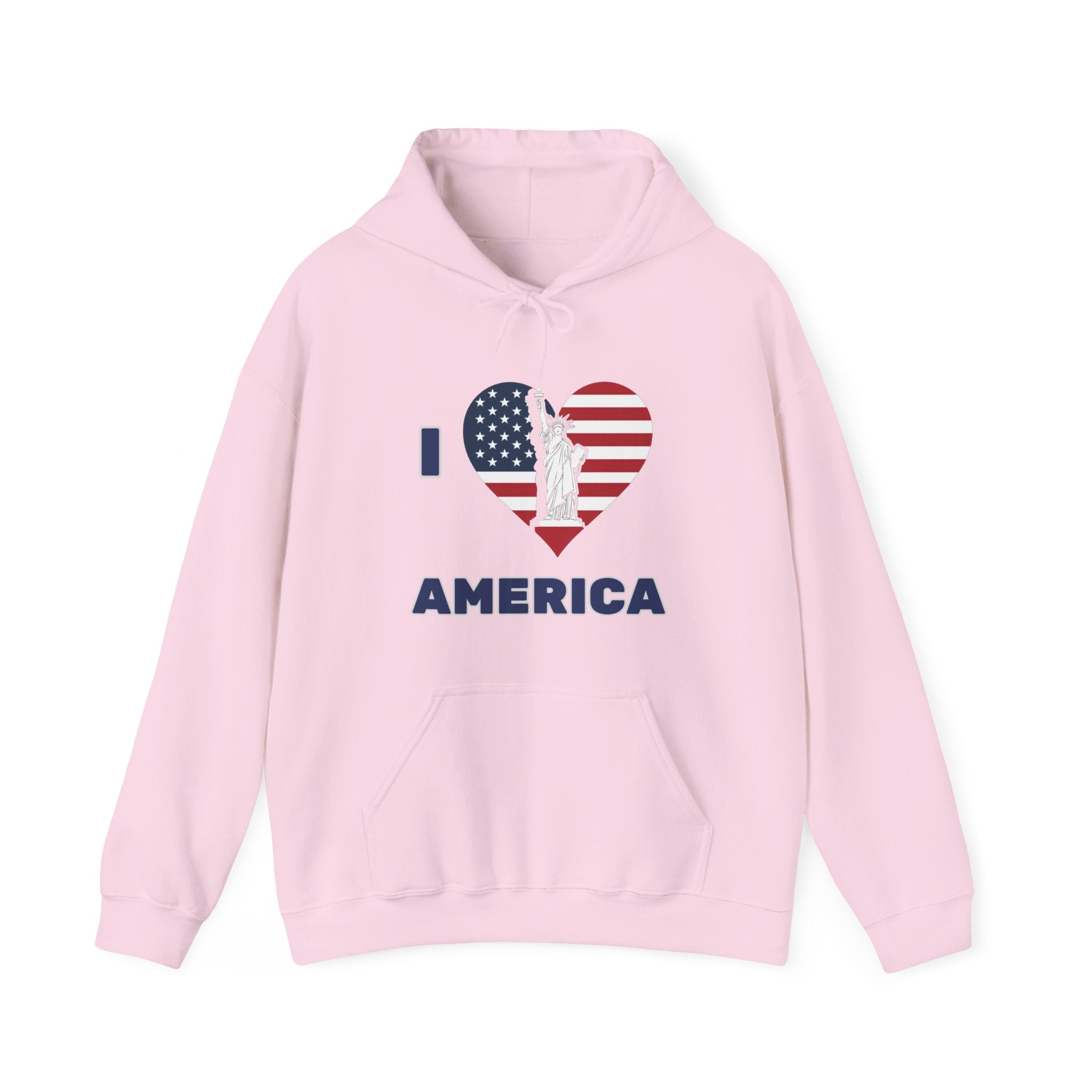 Pink hoodie with 'I love America' design featuring the Statue of Liberty on a white background