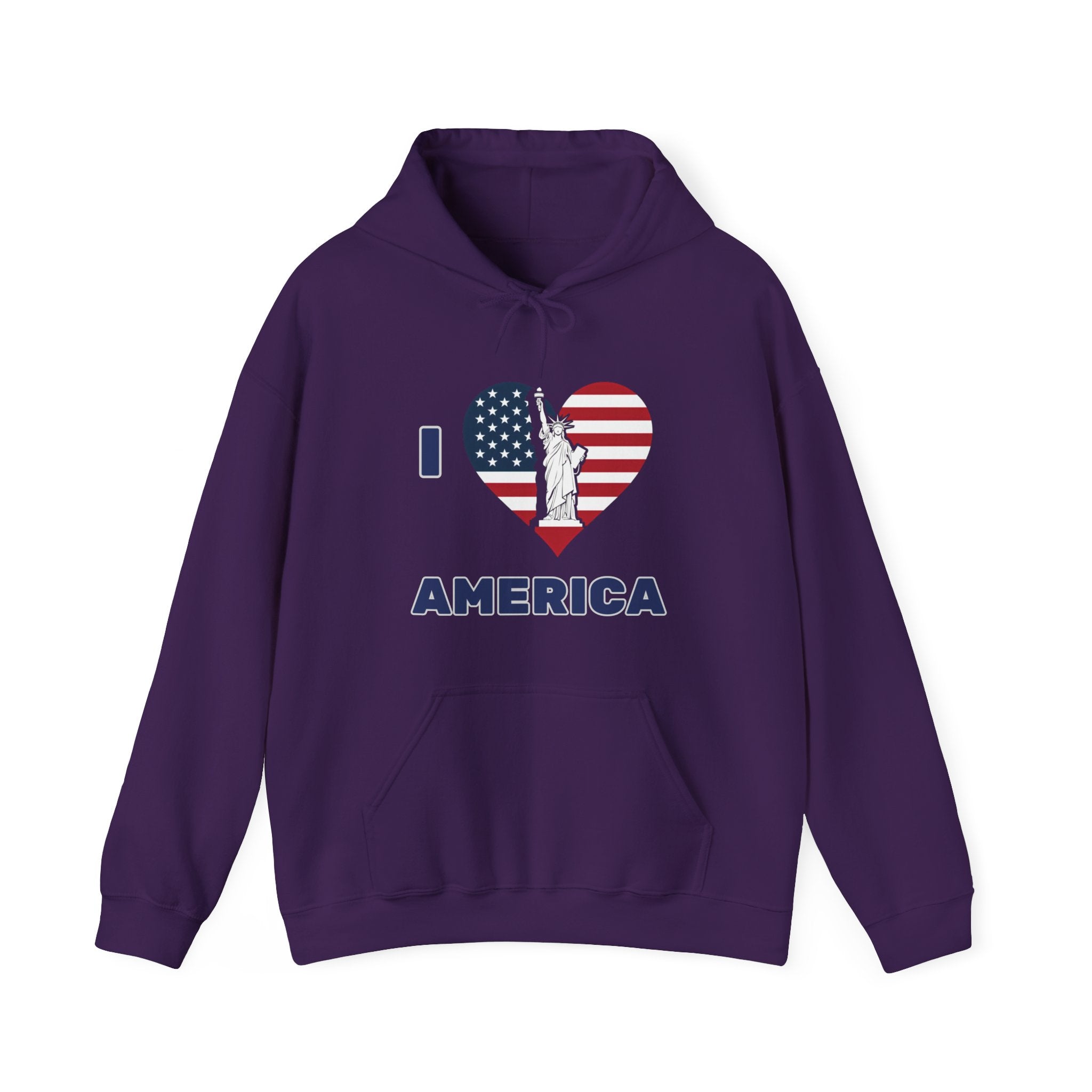 Purple hoodie with 'I love America' design featuring the Statue of Liberty on a white background