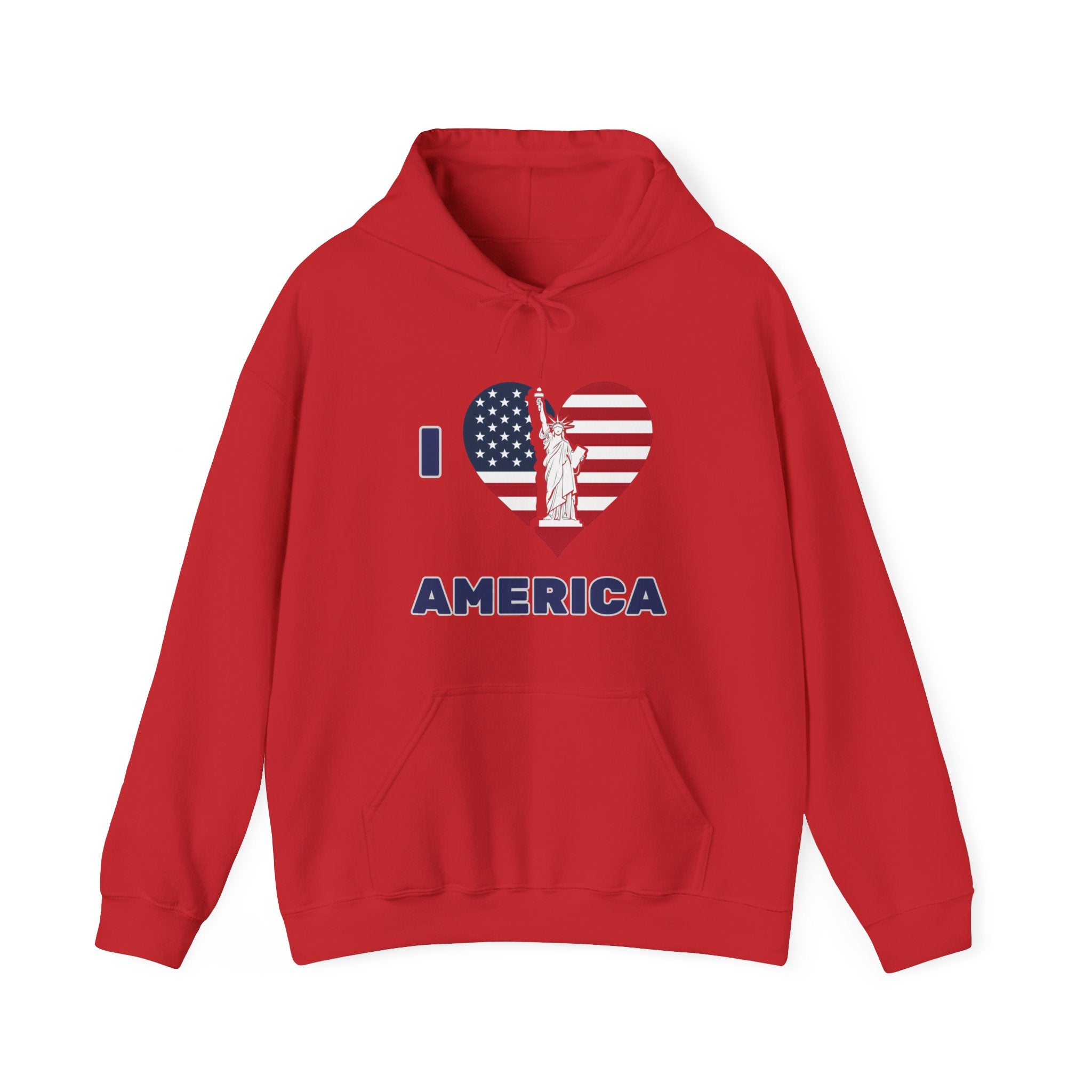 Red hoodie with 'I Love America' design featuring the Statue of Liberty on a white background