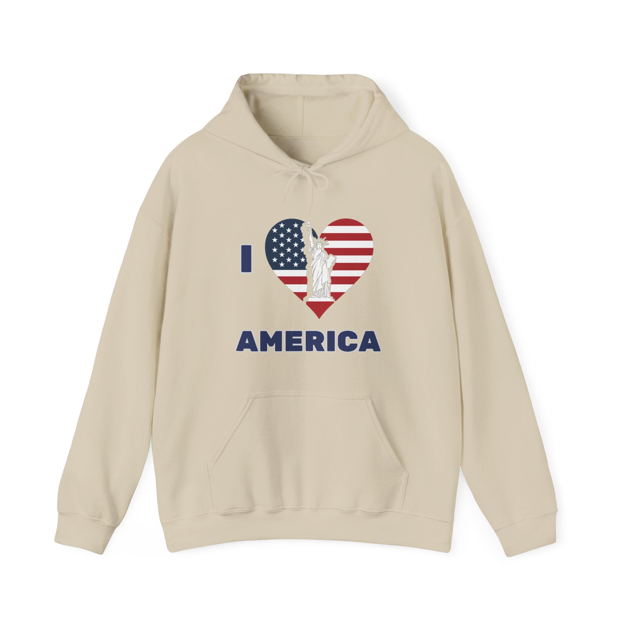 Beige hoodie with 'I ❤️ AMERICA' design featuring an American flag and Statue of Liberty on a white background.