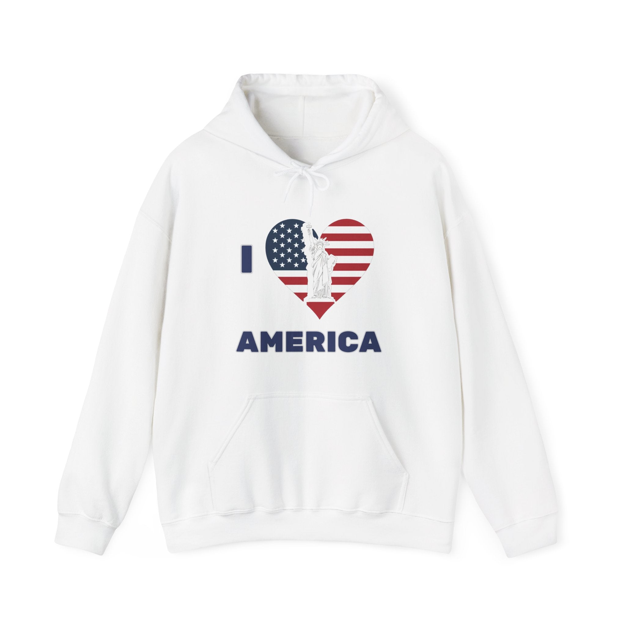 White hoodie with 'I ❤️ AMERICA' design on a white background