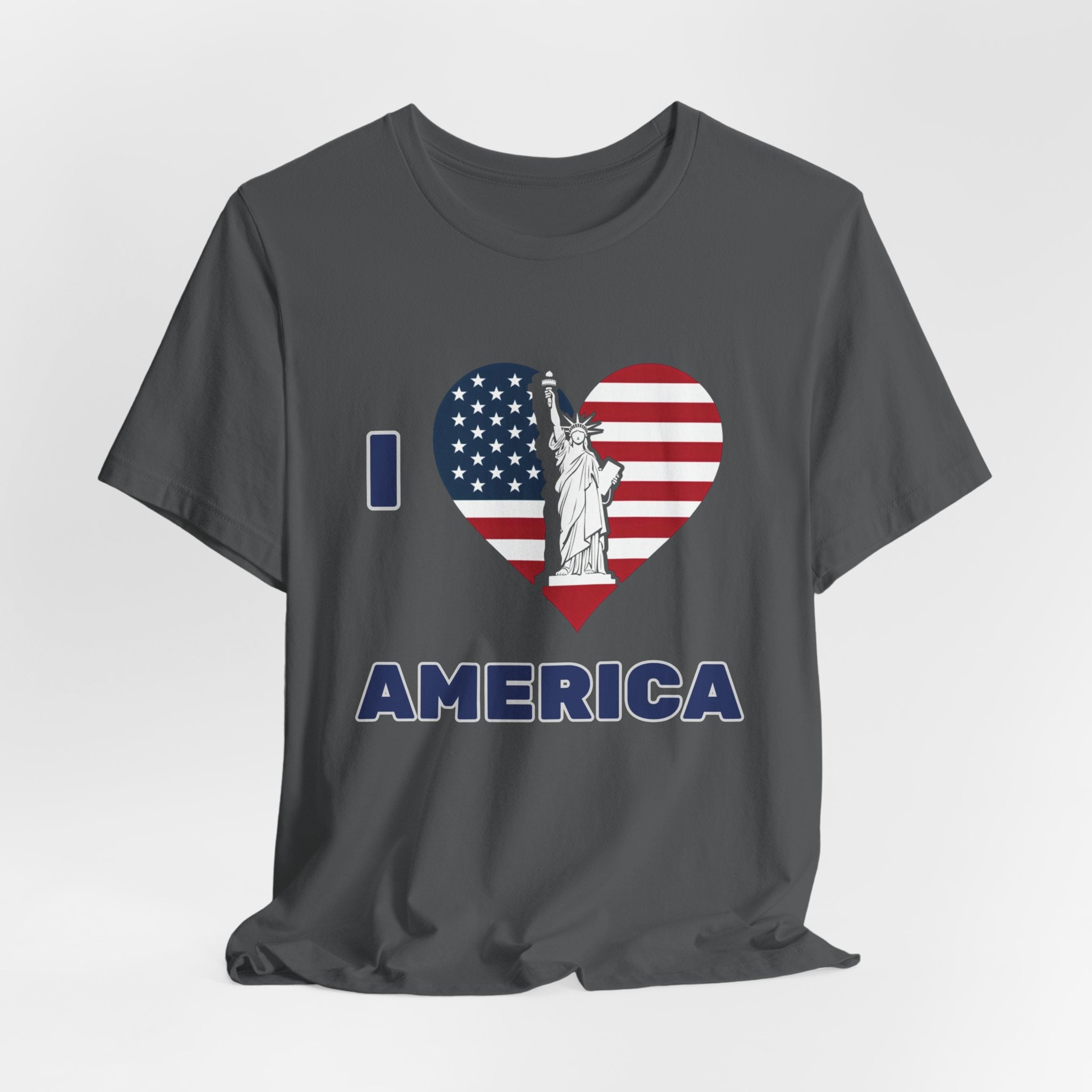 Asphalt gray t-shirt with American flag and Statue of Liberty design on a white background