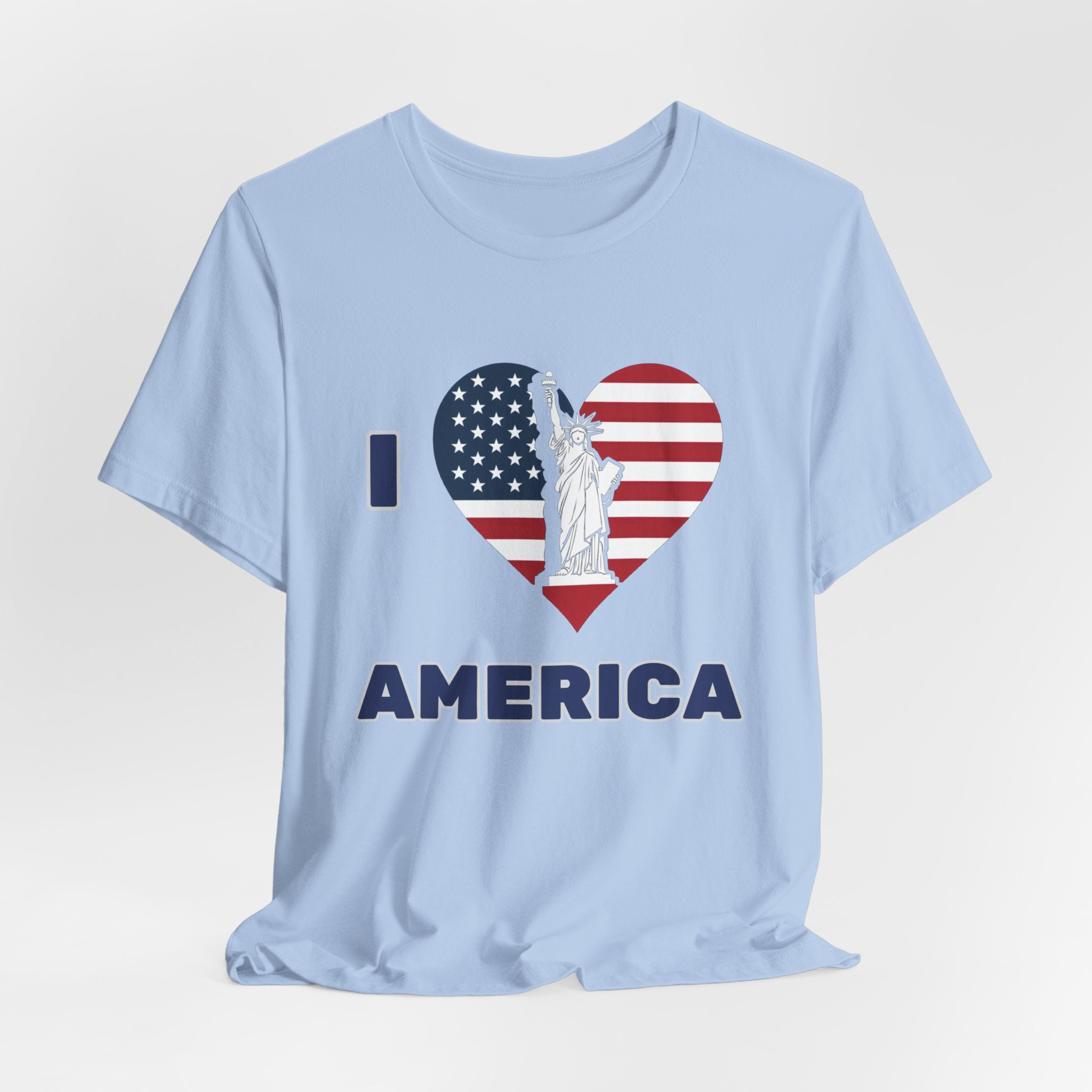 Light blue t-shirt with 'I love America' design featuring the Statue of Liberty and American flag.