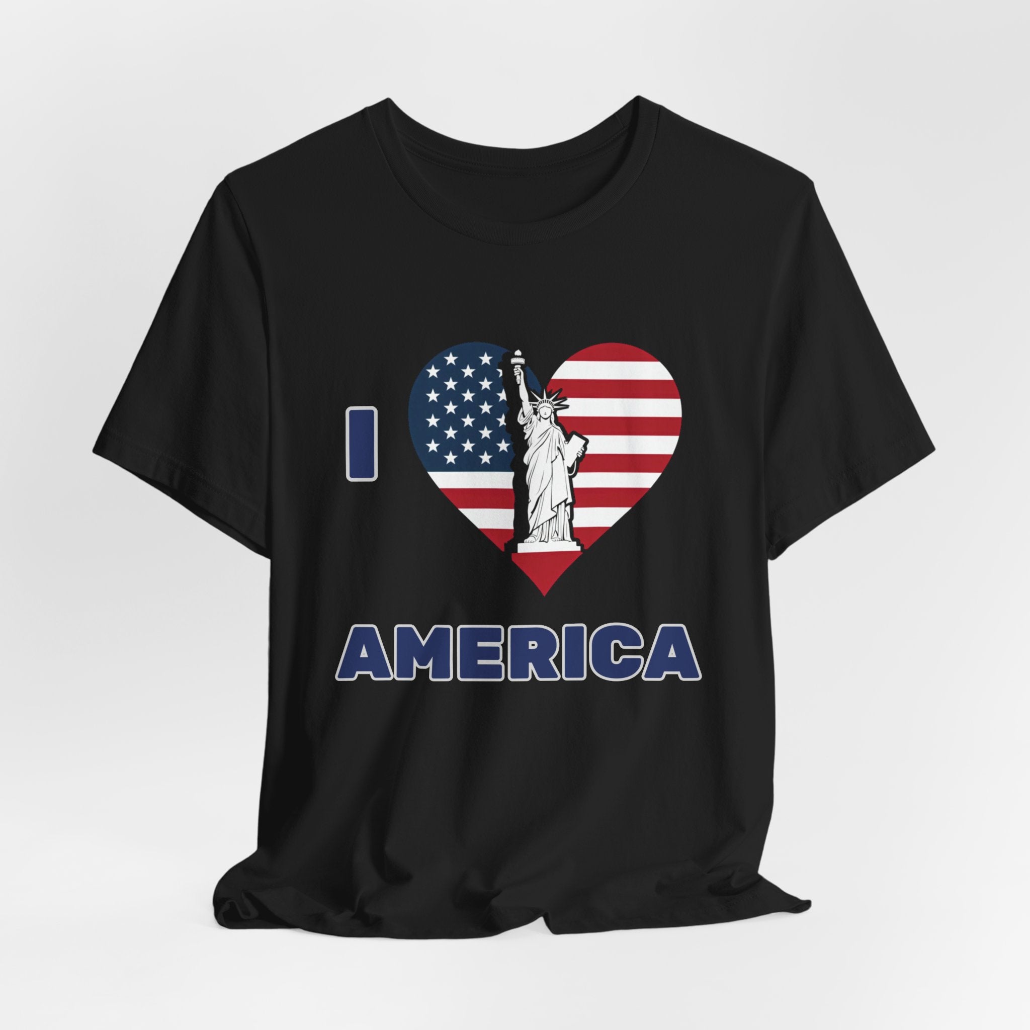 Black t-shirt with American flag heart design and 'I love America' text on a white background