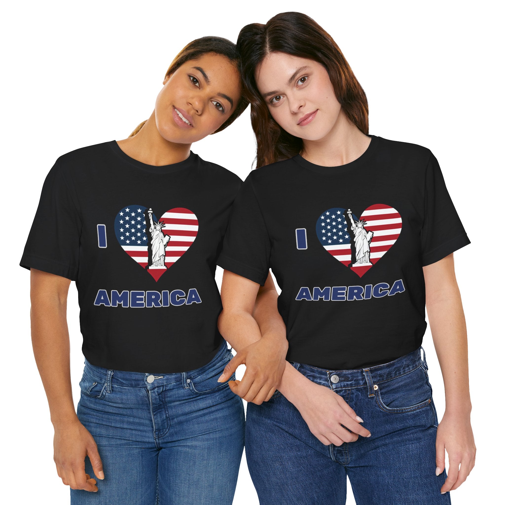Two people wearing black t-shirts with 'I Love America' design featuring the Statue of Liberty.