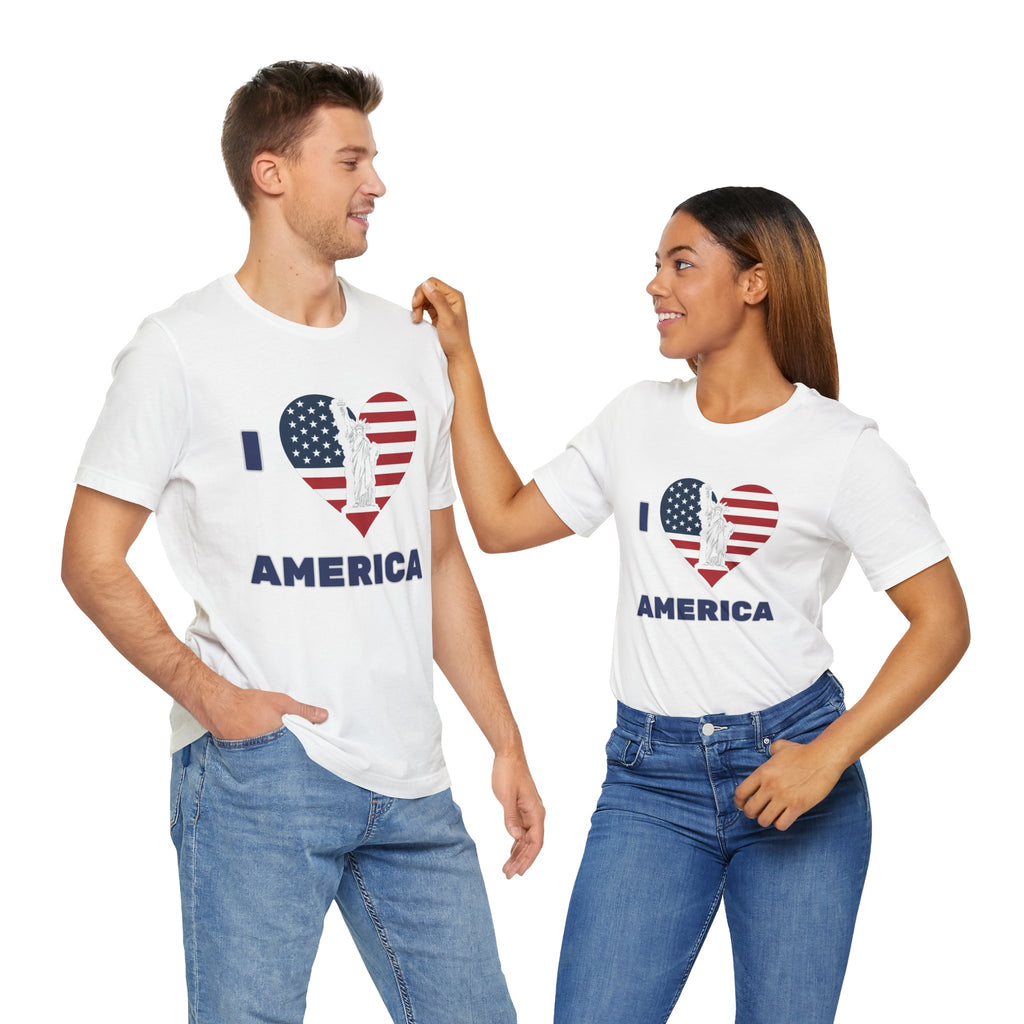 Two people wearing white t-shirts with 'I ❤️ AMERICA' design on a white background