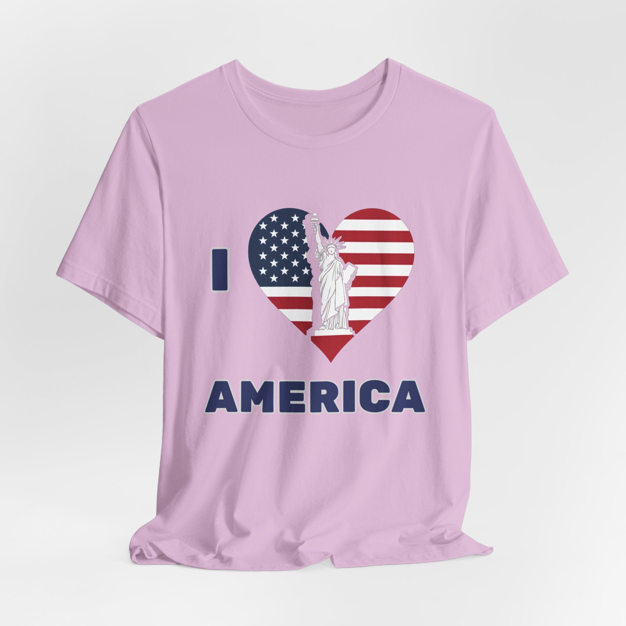 Lilac pink t-shirt with American flag and Statue of Liberty design on a light gray background