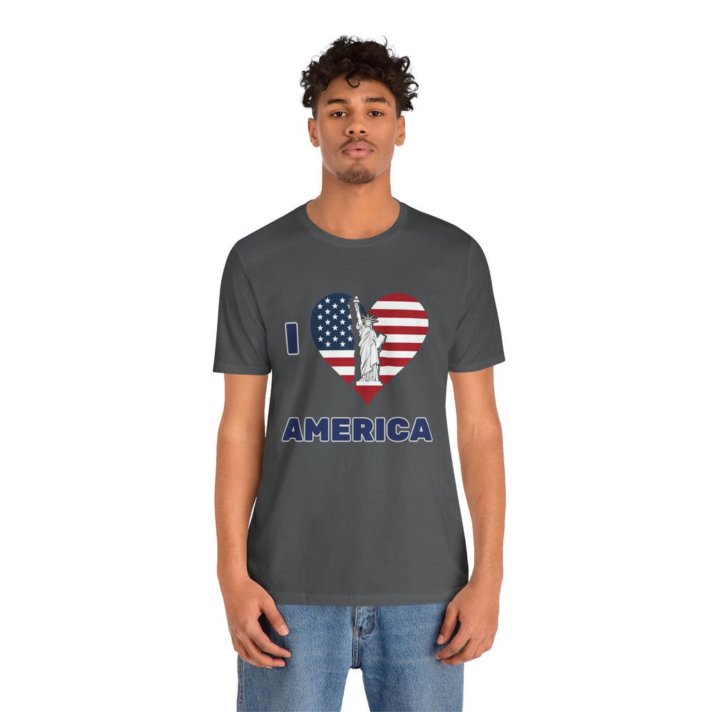 Person wearing a gray t-shirt with 'I love America' design on a white background
