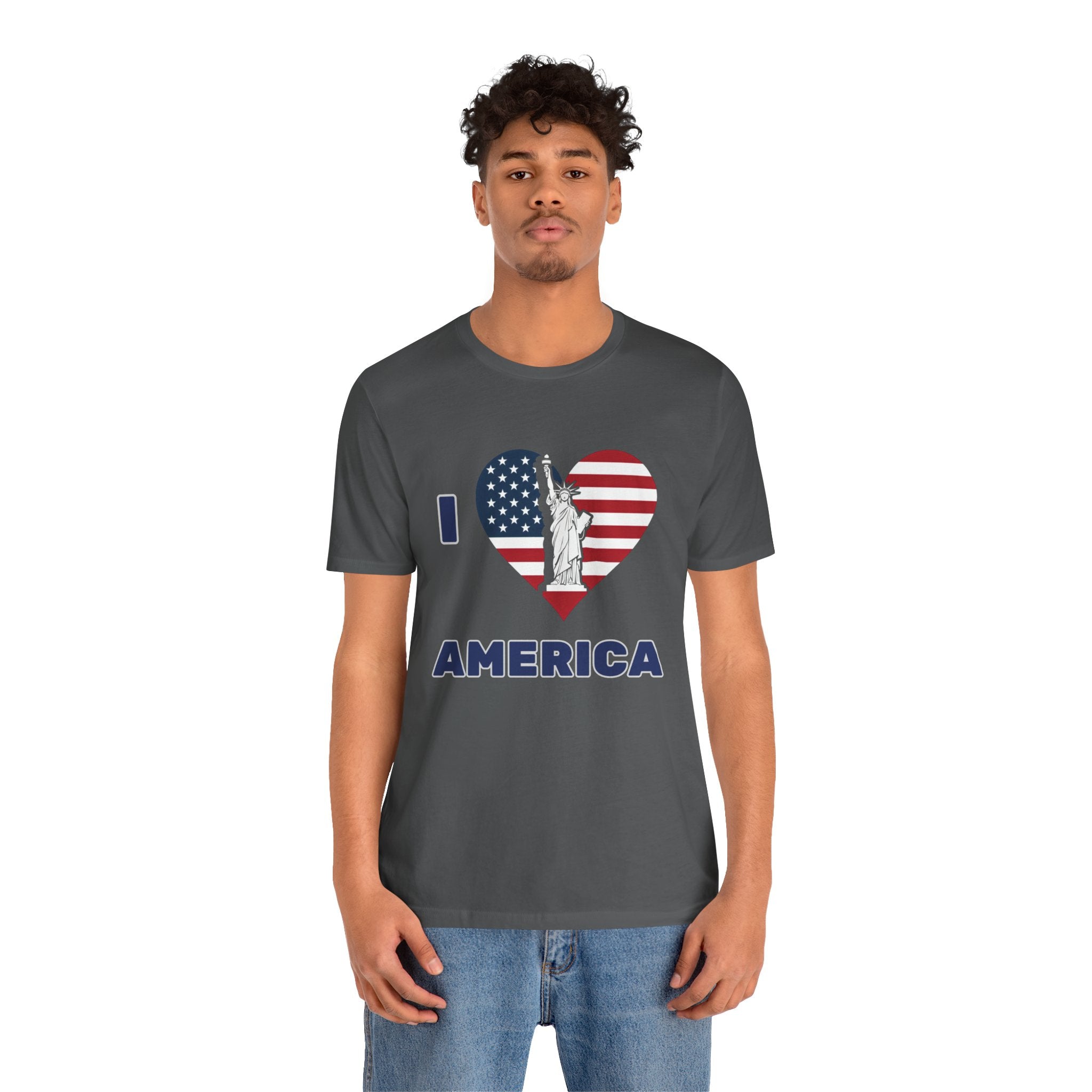 Person wearing a gray t-shirt with 'I love America' design on a white background
