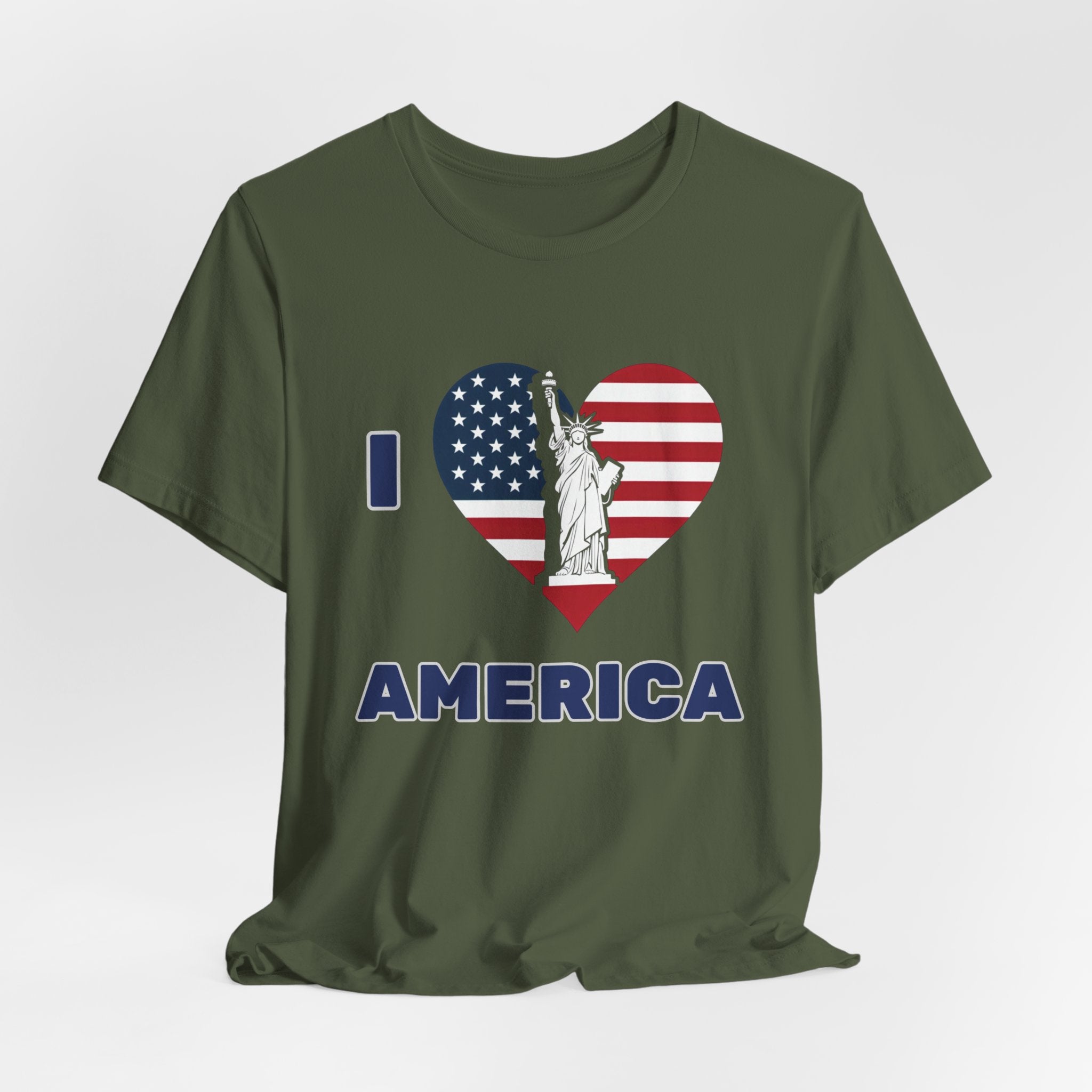 Military green t-shirt with 'I ❤️ AMERICA' design featuring an American flag and Statue of Liberty on a white background