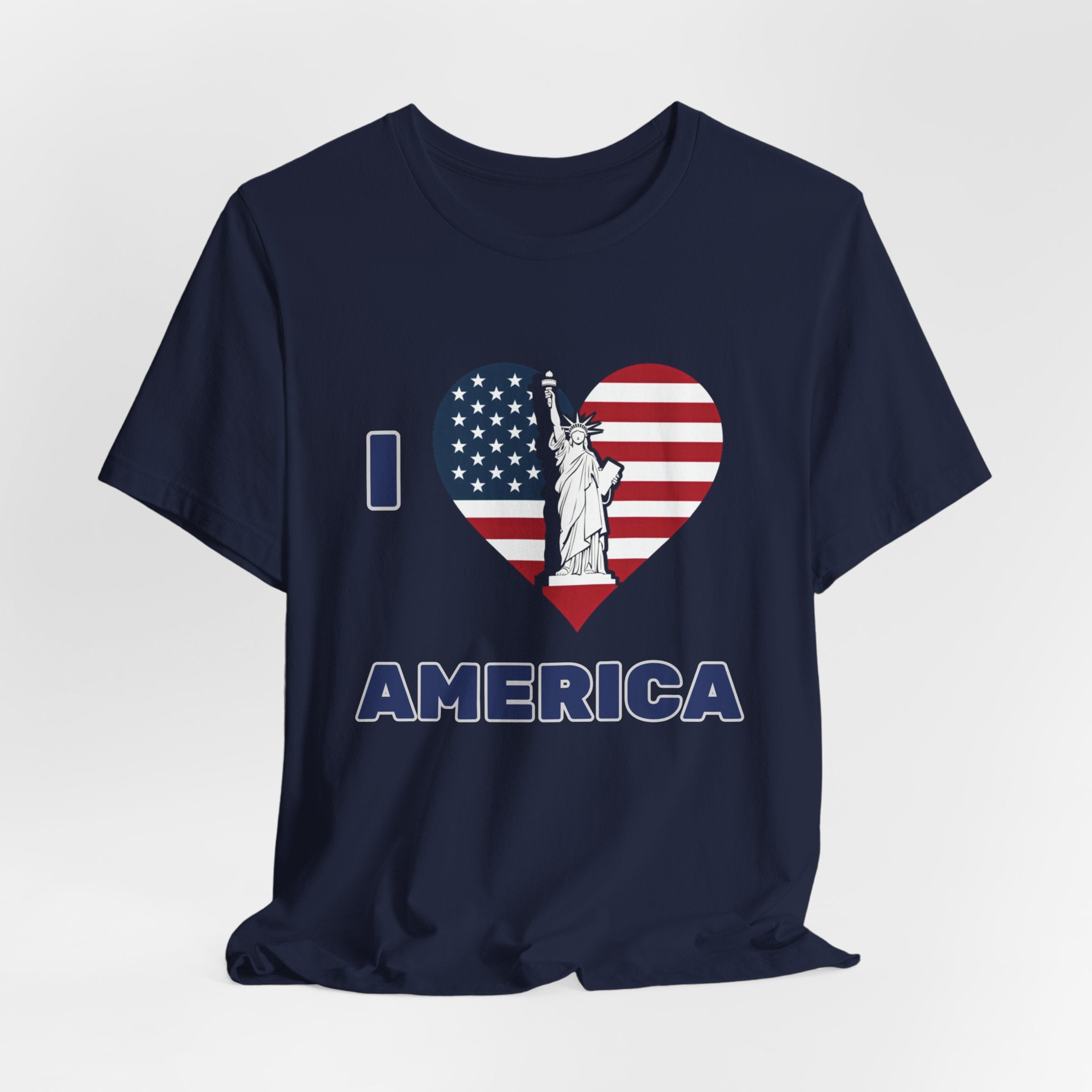 Navy blue t-shirt with American flag heart design and 'I love America' text on a white background