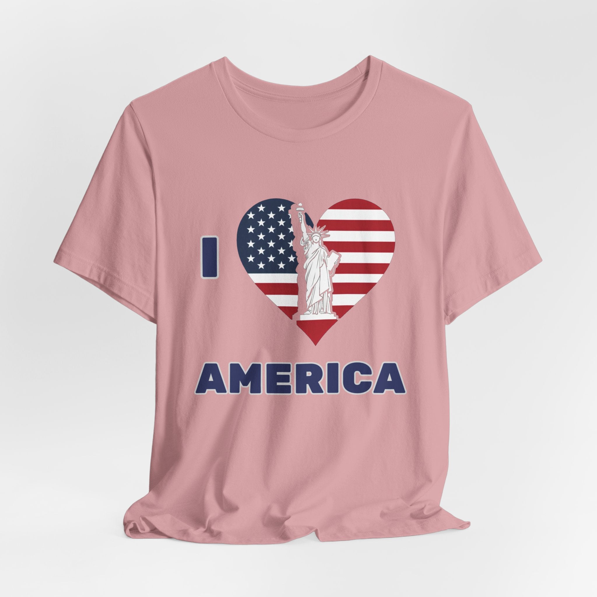 Orchid pink t-shirt with 'I Love America' design featuring the Statue of Liberty and American flag on a white background