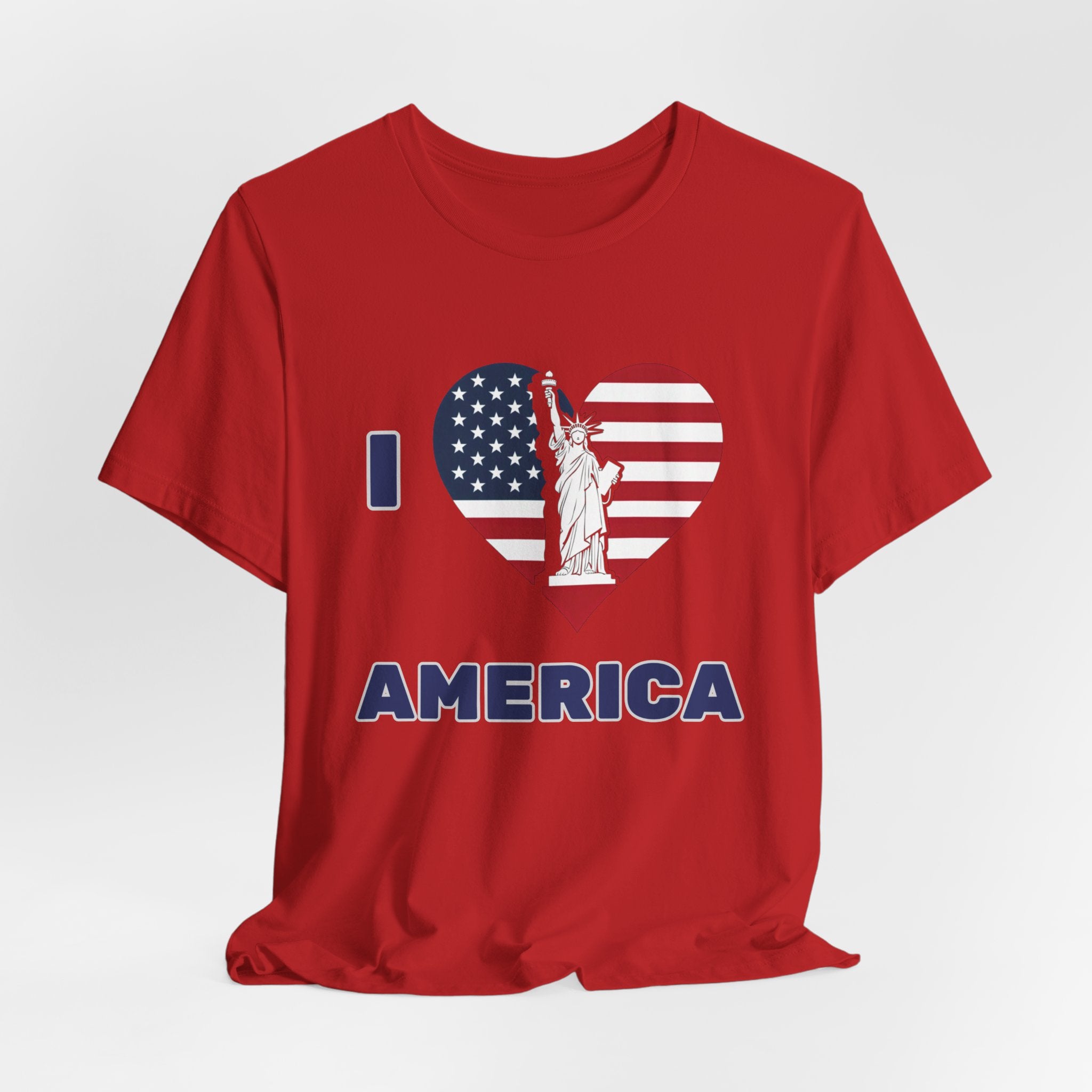 Red t-shirt with American flag and Statue of Liberty design on a white background