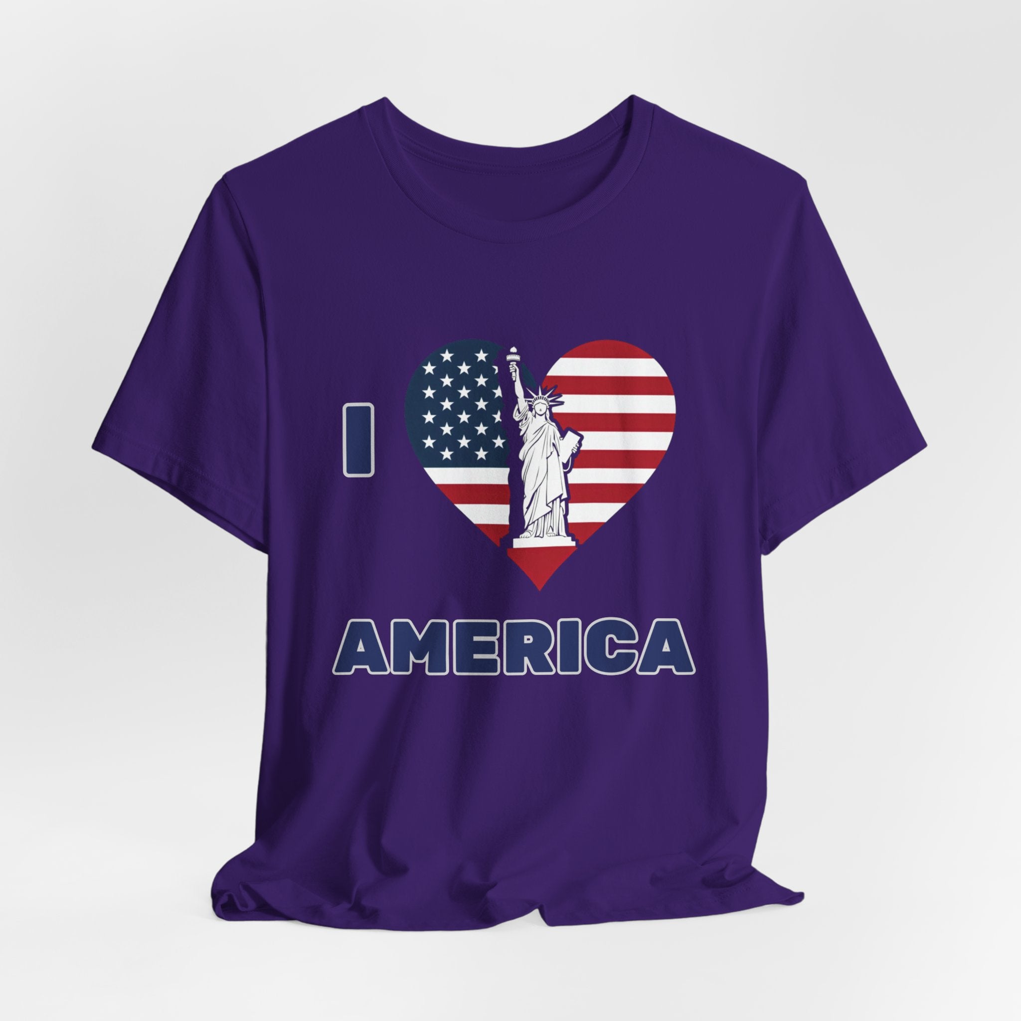 Purple t-shirt with American flag and Statue of Liberty design on a white background