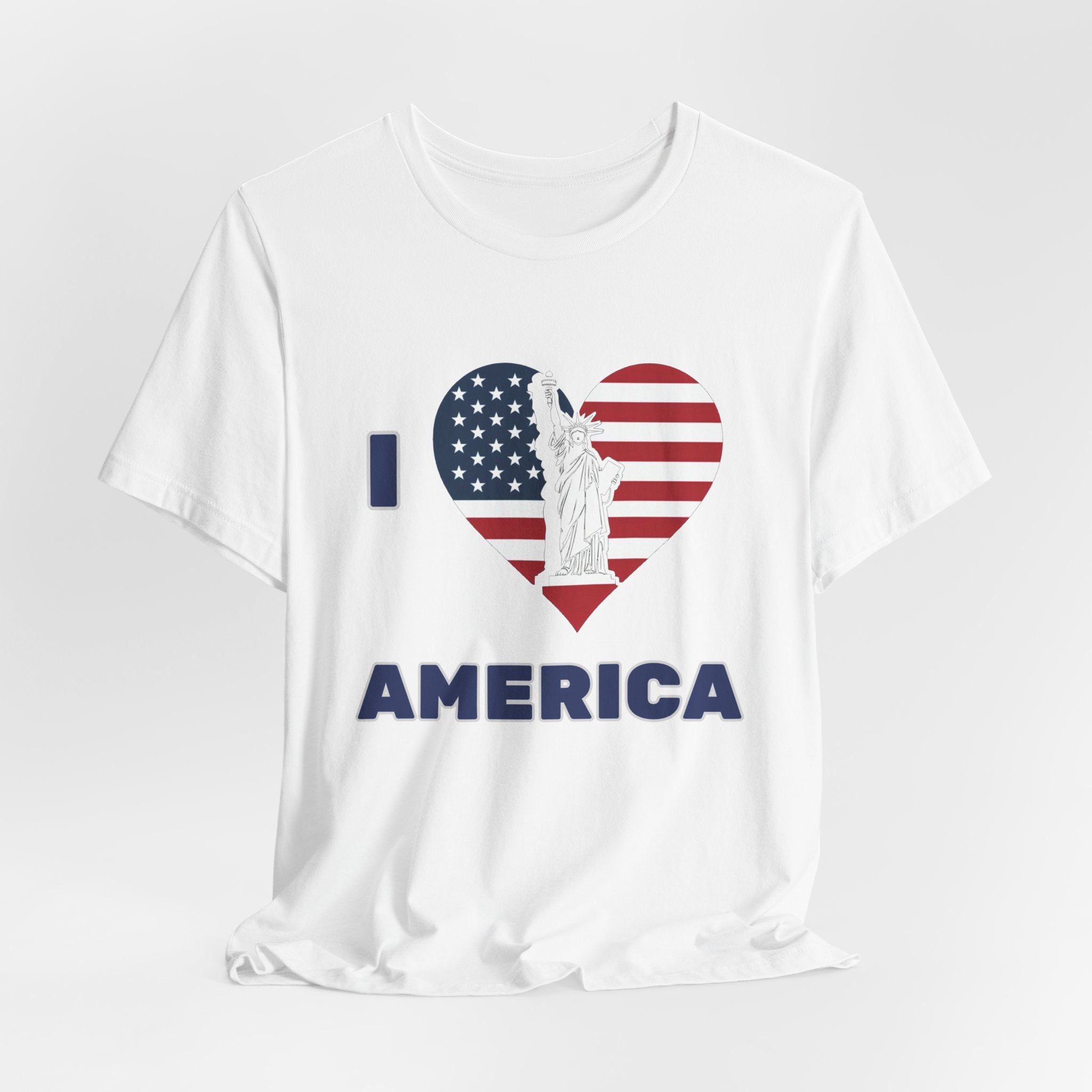 White t-shirt with 'I Love America' graphic featuring the Statue of Liberty
