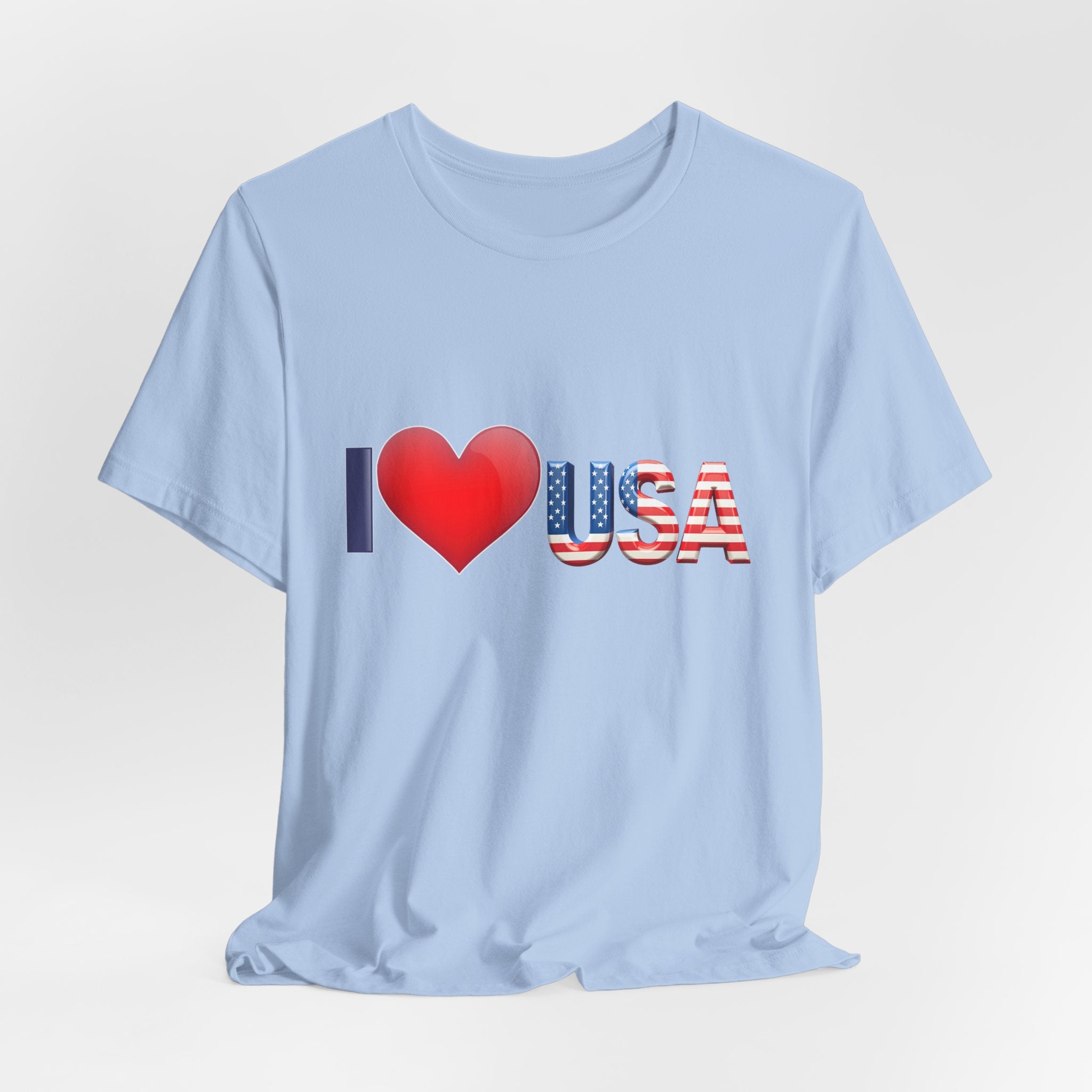 Light blue t-shirt with 'I ❤️ USA' design on a light gray background