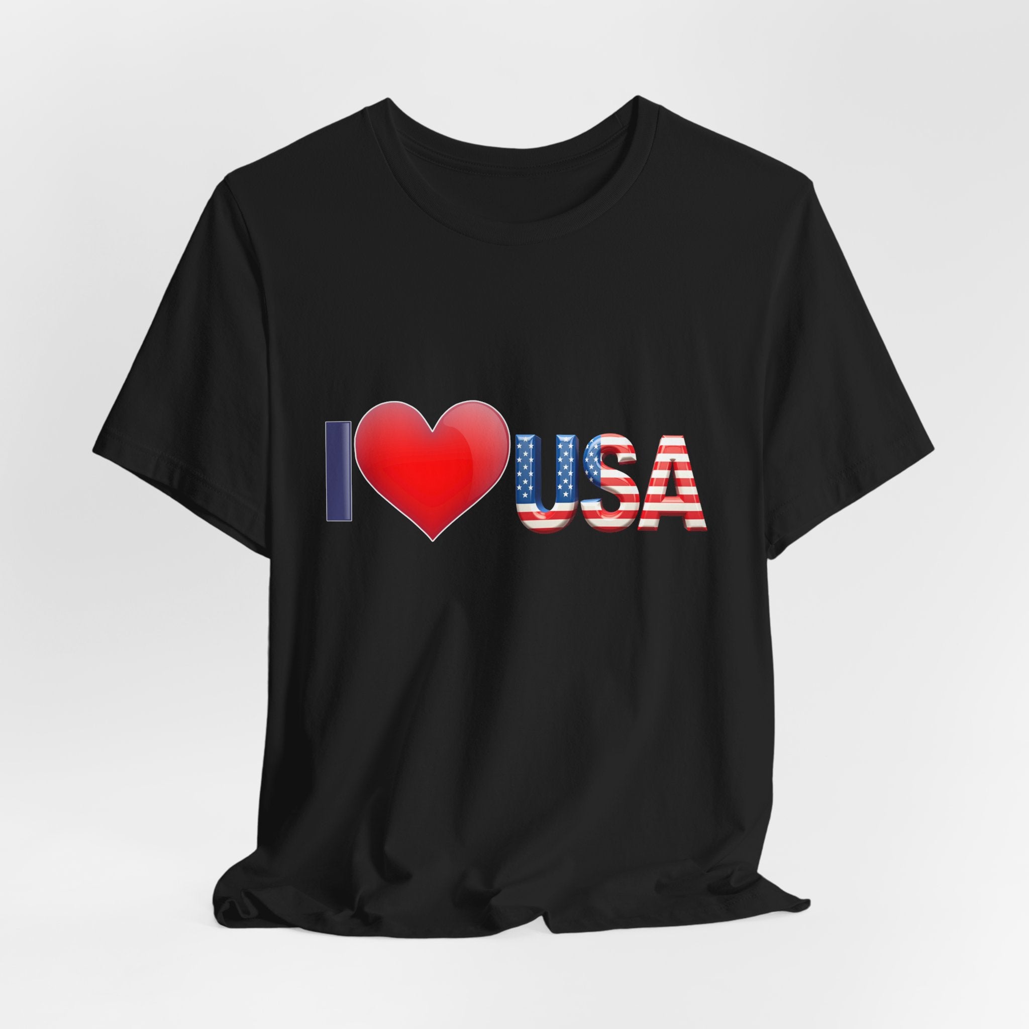 Black t-shirt with 'I ❤️ USA' design on a white background