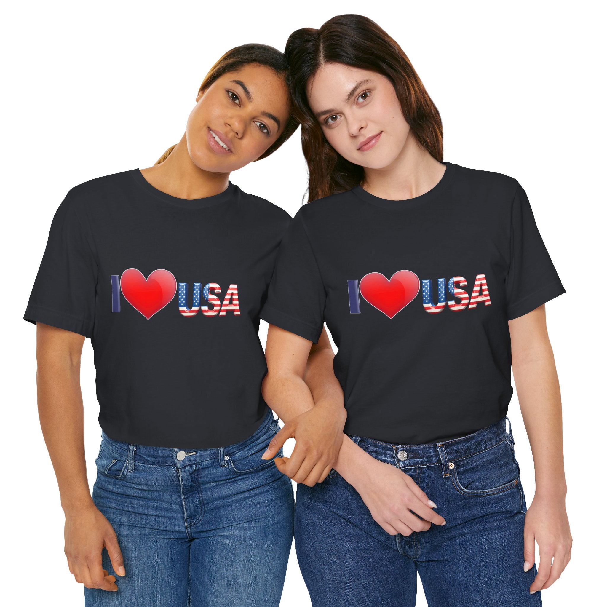 Two people wearing black t-shirts with 'I ❤️ USA' design on a white background