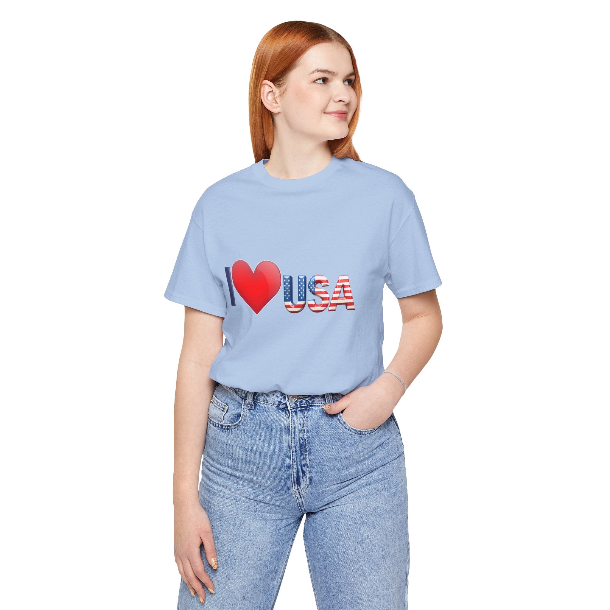 Person wearing a light blue t-shirt with 'I ❤️ USA' design on a white background