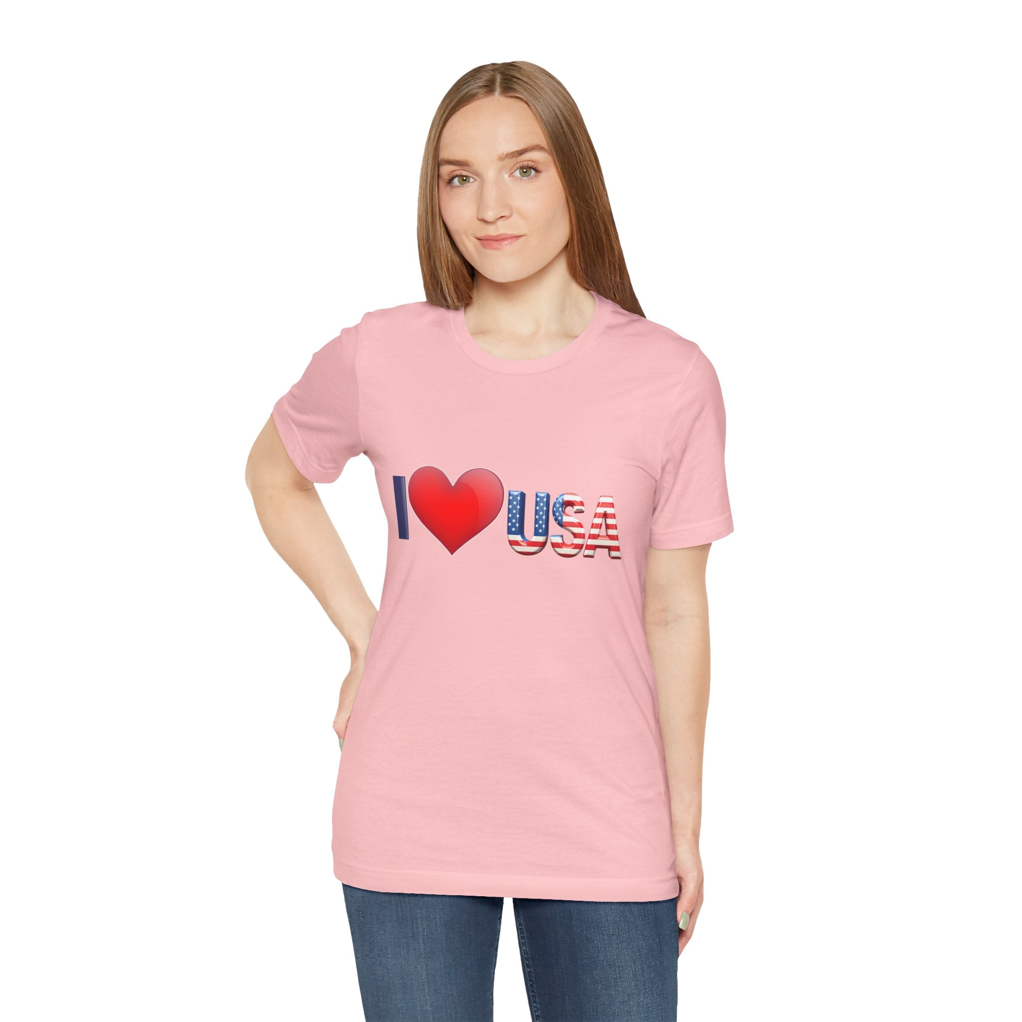 Woman wearing a pink t-shirt with 'I ❤️ USA' design on a white background