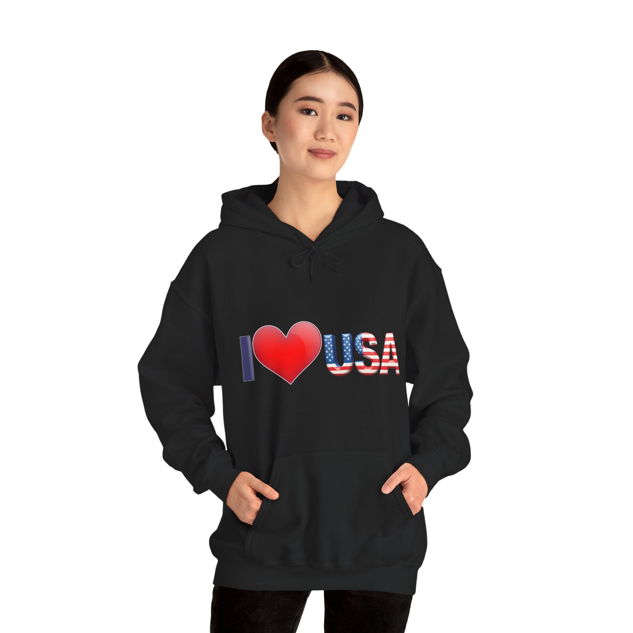 Person wearing a black hoodie with 'I ❤️ USA' text on a white background