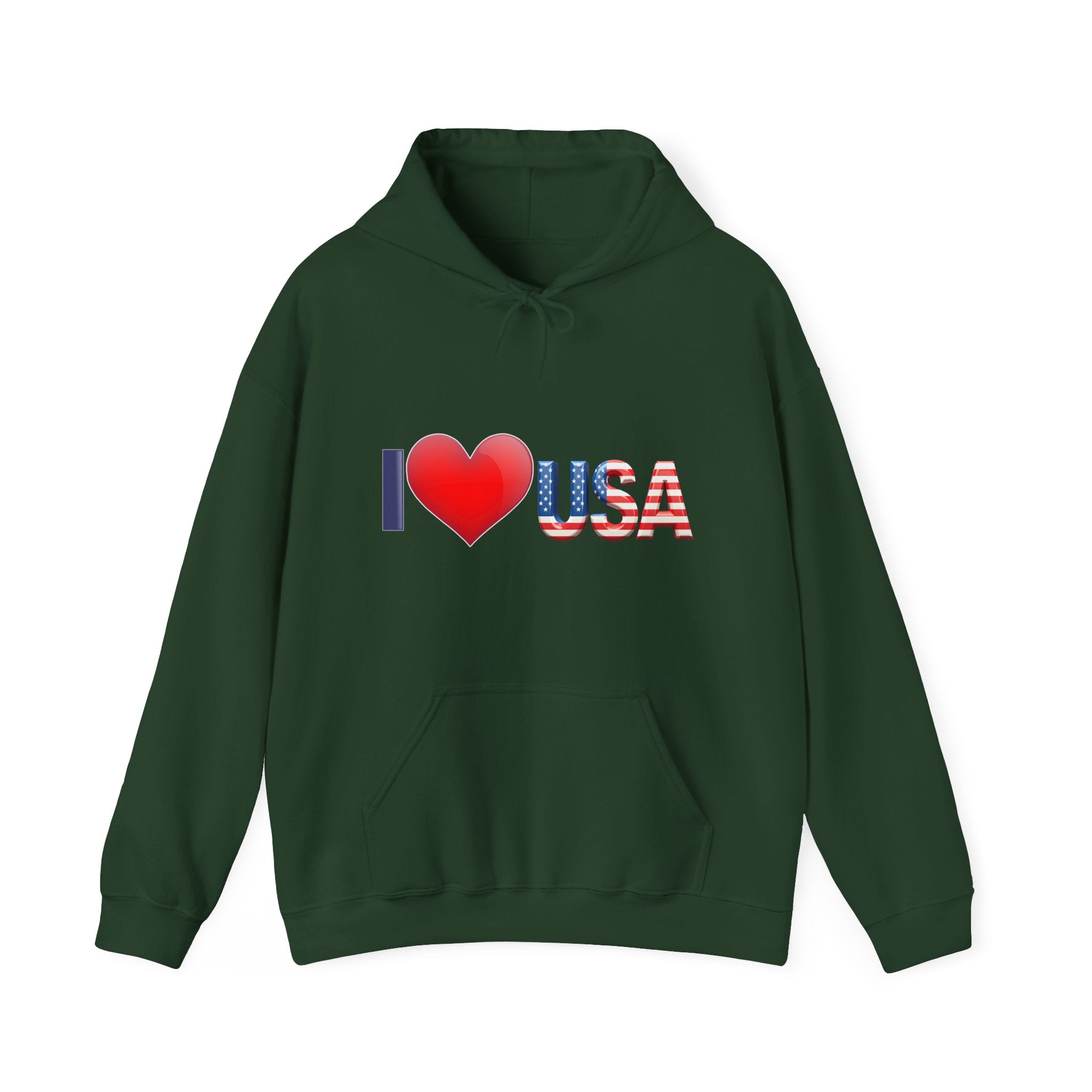 Forest green hoodie with 'I ❤️ USA' text on a white background