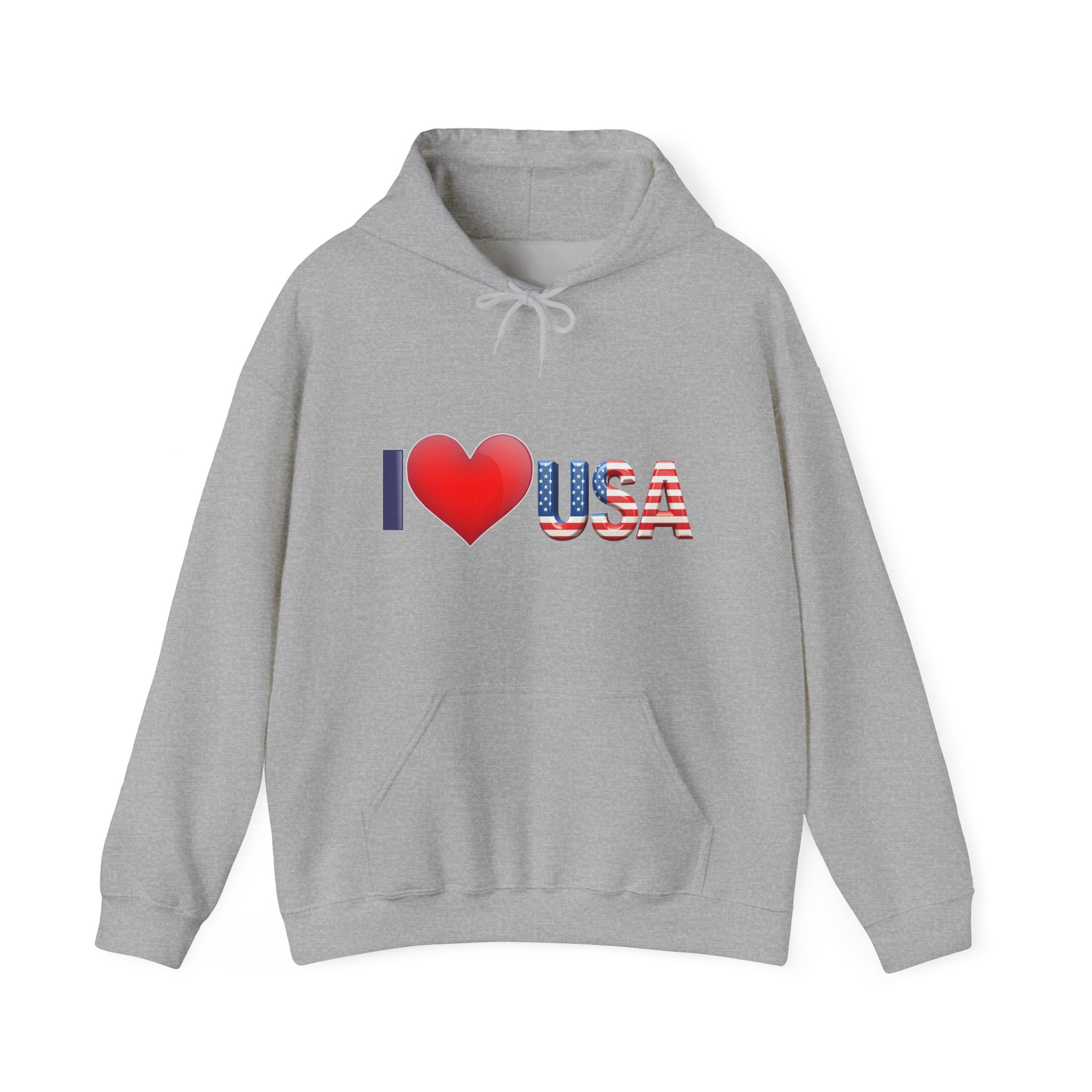 Gray hoodie with 'I ❤️ USA' text on a white background