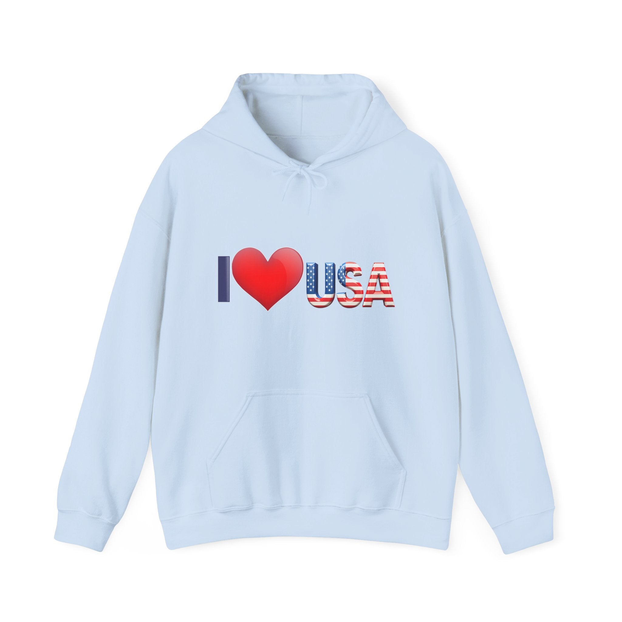 Light blue hoodie with 'I ❤️ USA' text on a white background