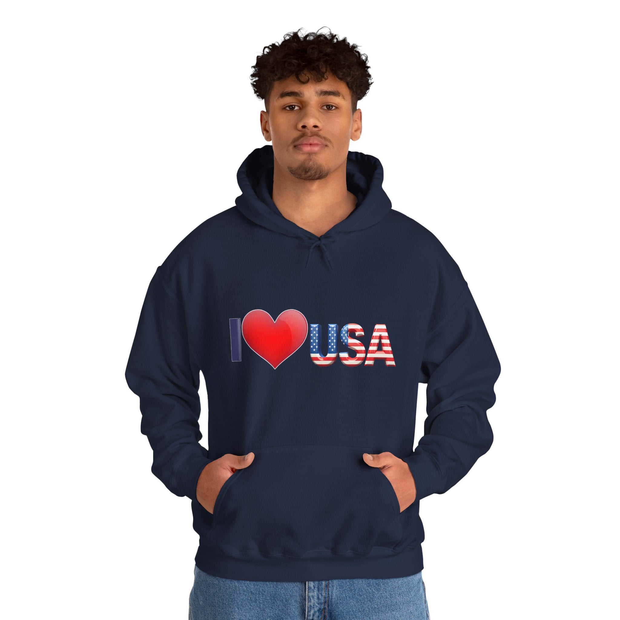 Person wearing a navy hoodie with 'I ❤️ USA' text on a white background