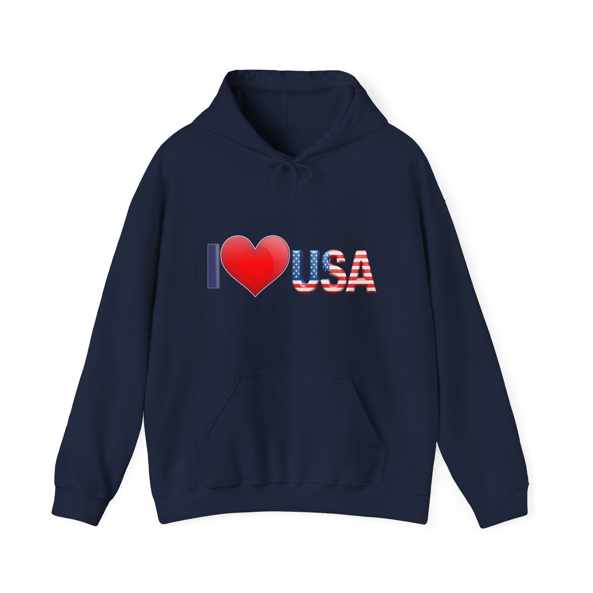 Navy blue hoodie with 'I ❤️ USA' text on a white background
